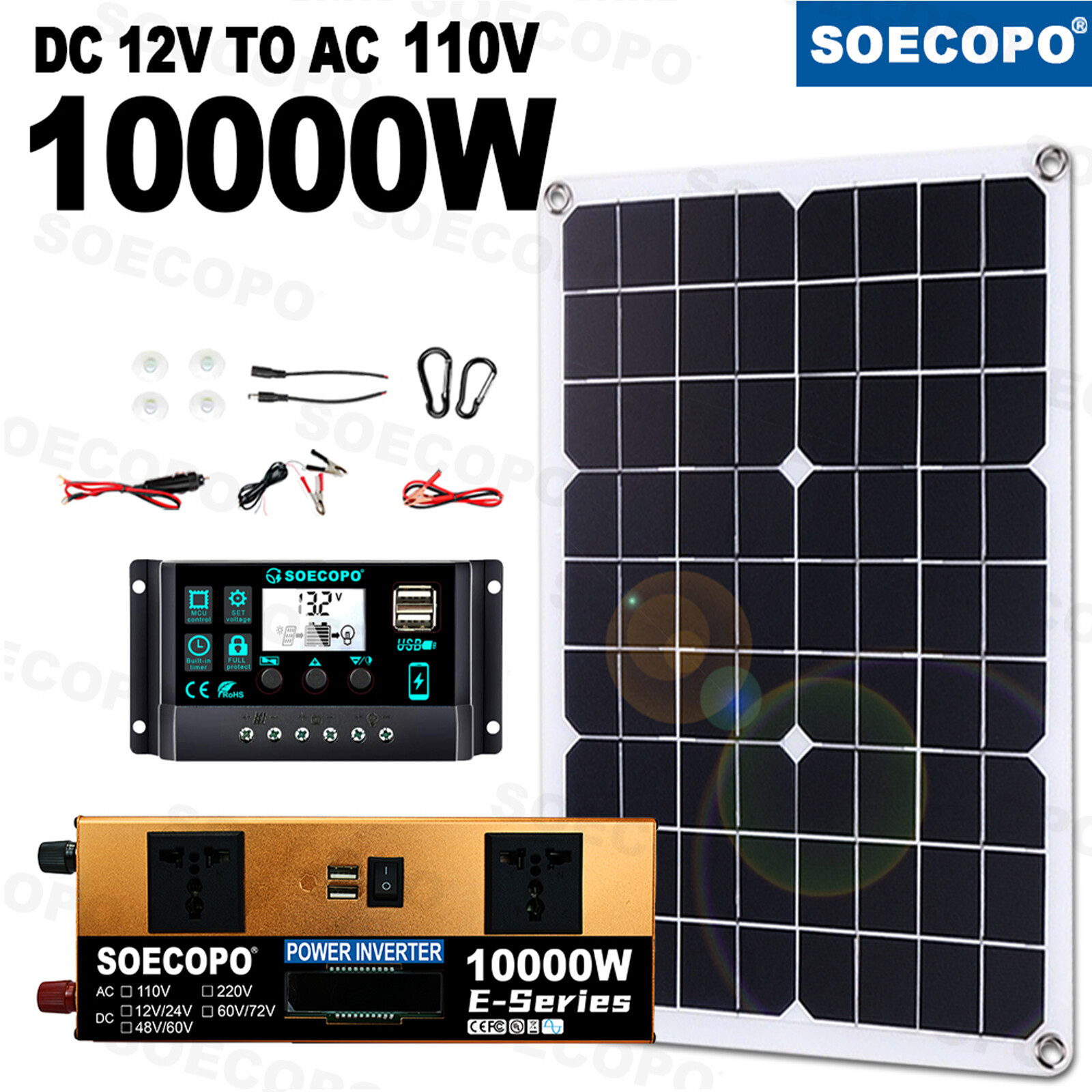 10000W Solar Kit 500W Panel 100A MPPT Controller DC Cable 12V/24V to 220V/110VMH