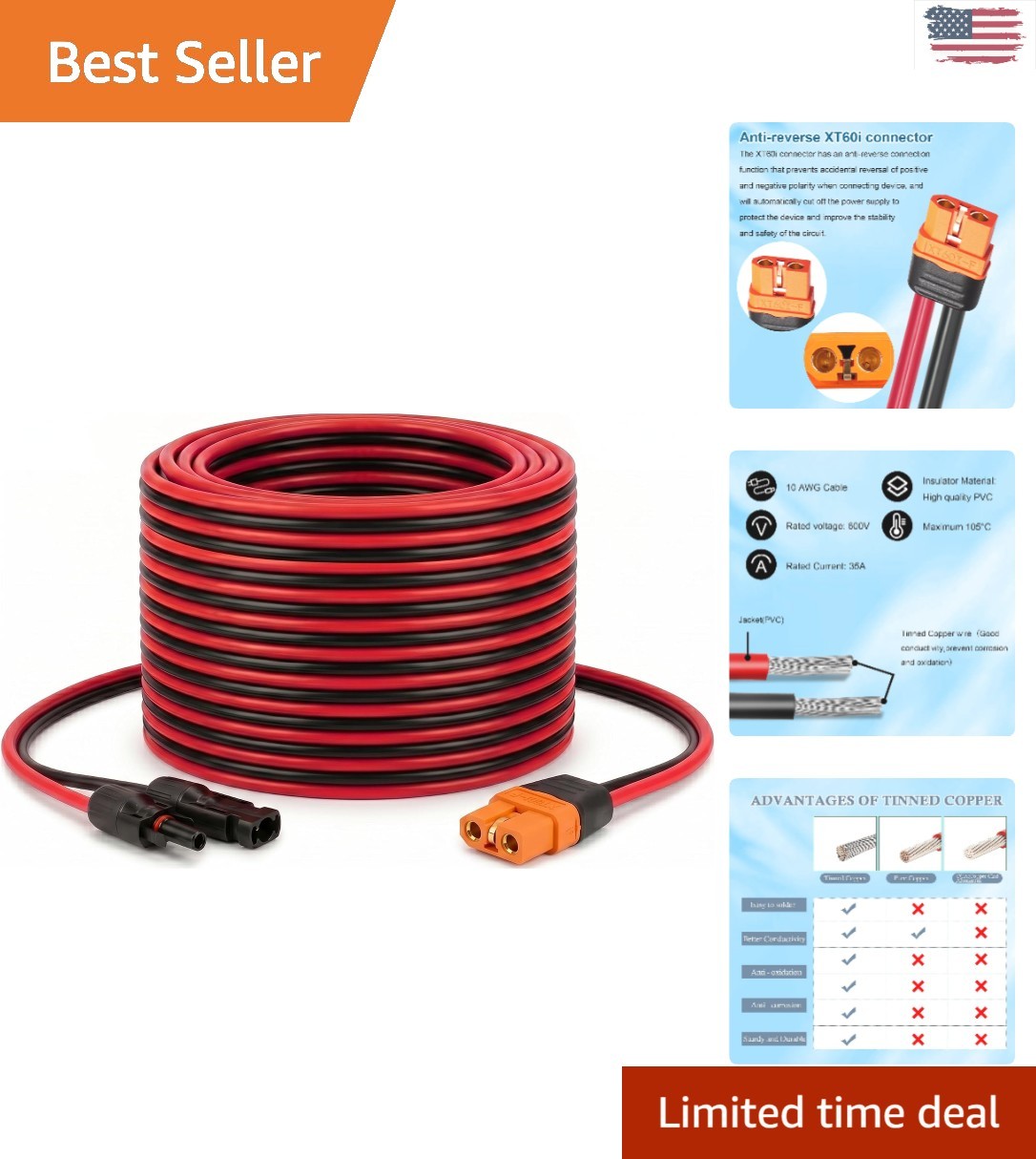 Solar Energy 10AWG to XT60i Male-Male Cable 25FT – Moisture Resistant & Reliable