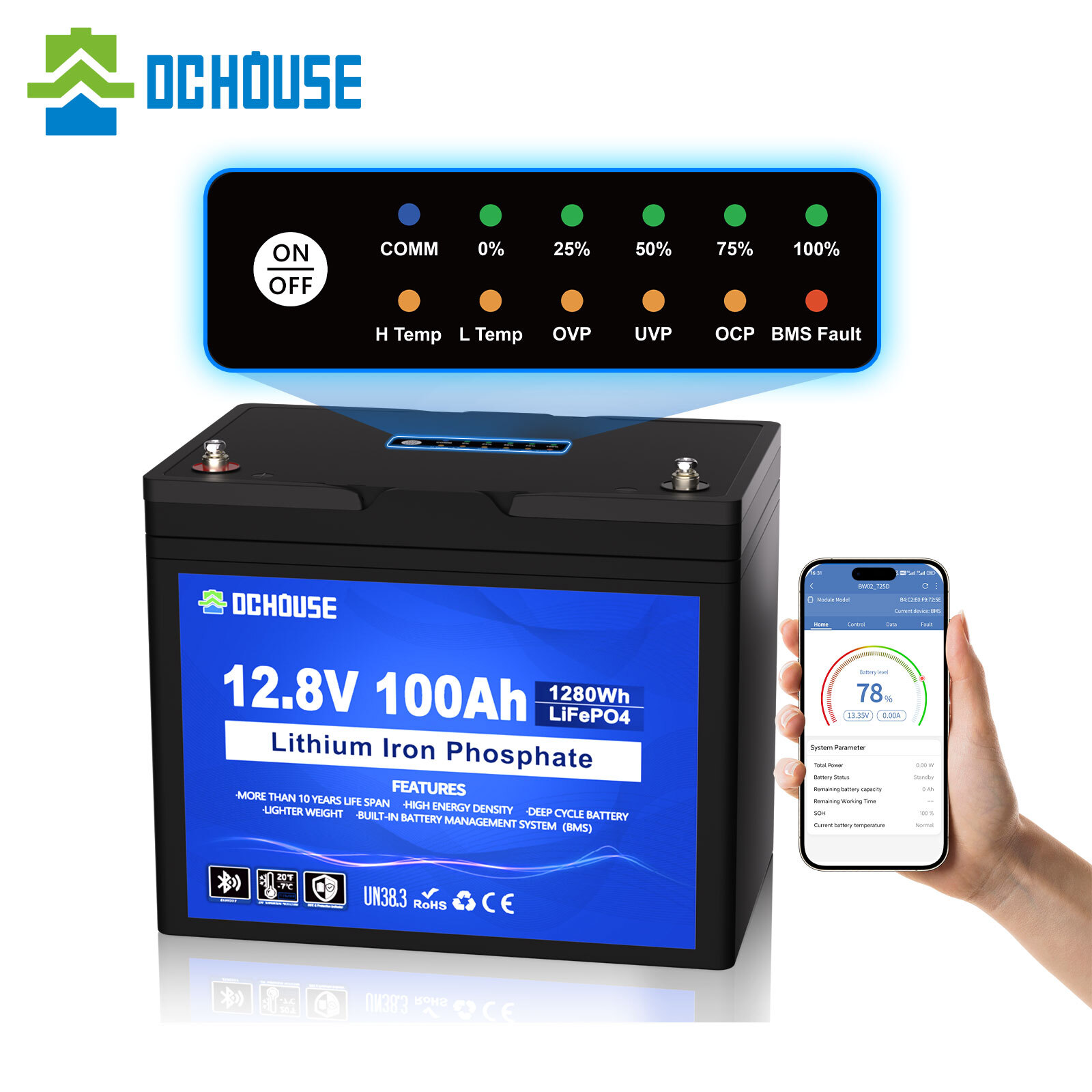 DC HOUSE 12V 100Ah LiFePO4 Lithium Battery with BlueTooth and LED indicator RV