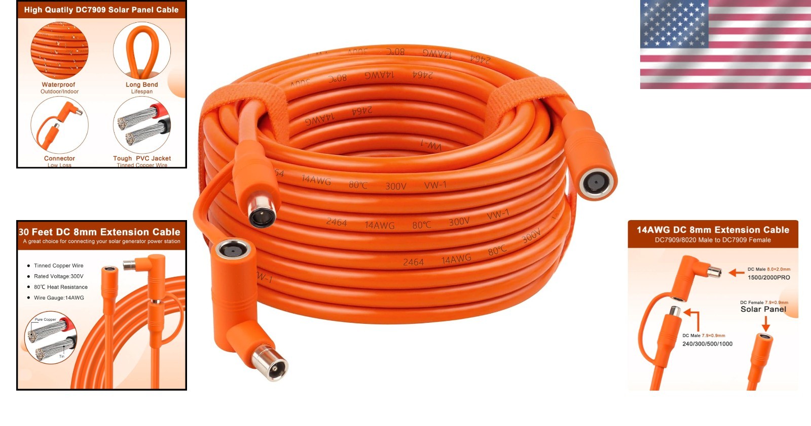 DC7909 to DC8020 Adapter Solar Panel Extension Cord – 30ft
