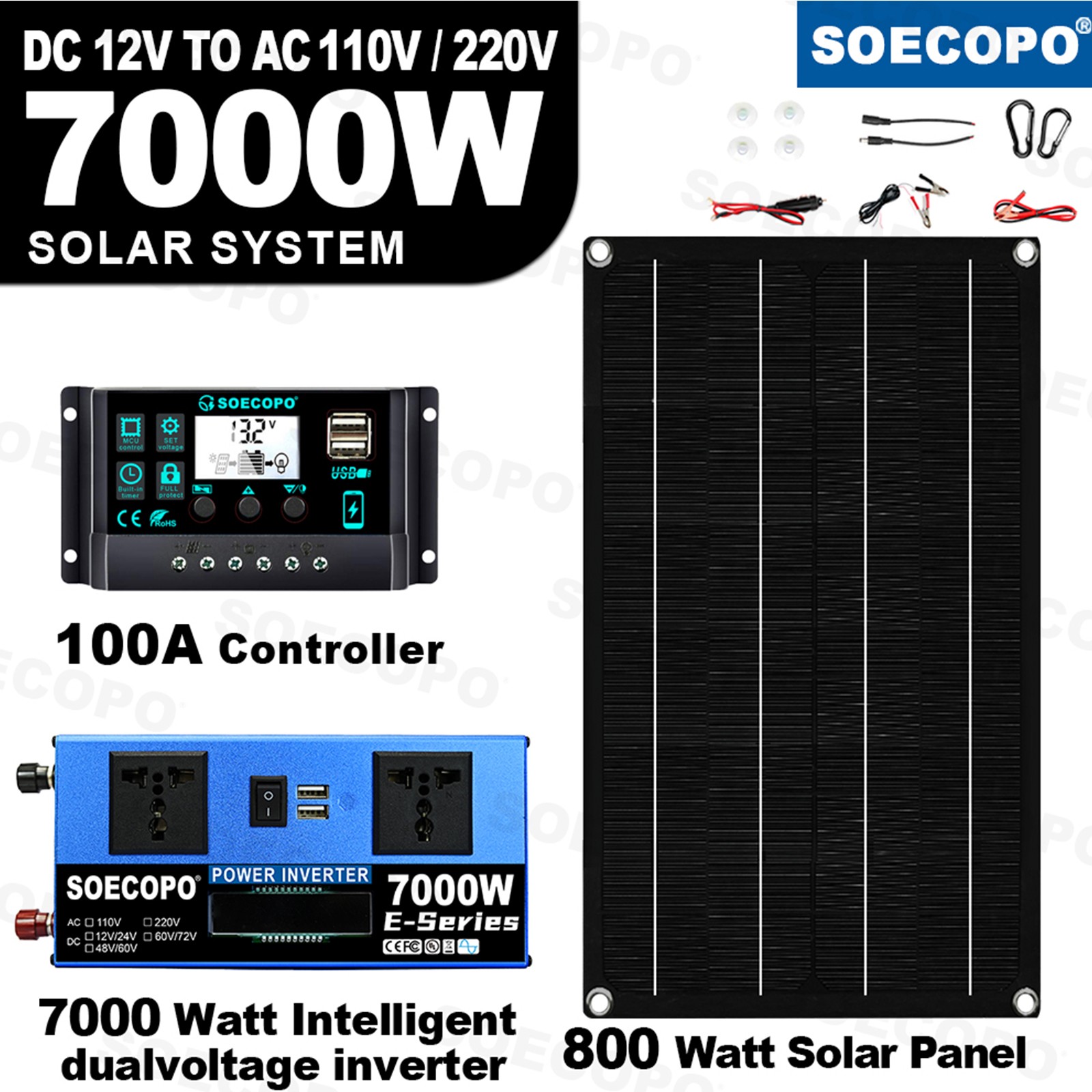 7000W Solar Power Supply 800W Panel 100A Controller 12V/24V DC to AC 110V/220V
