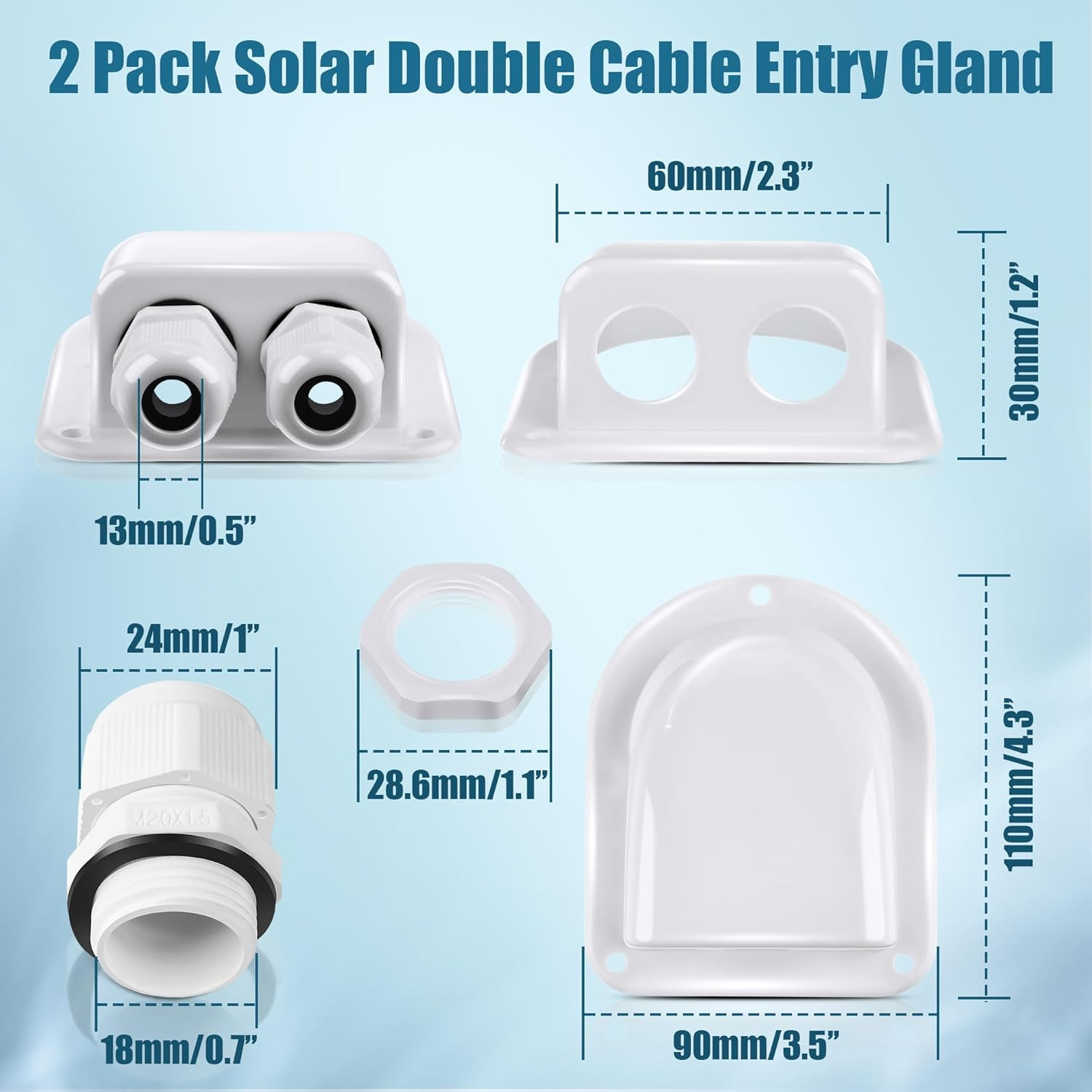 2 Pack Solar Cable Entry Gland, Weather Resistant Solar Gland, Dual Cable Entry