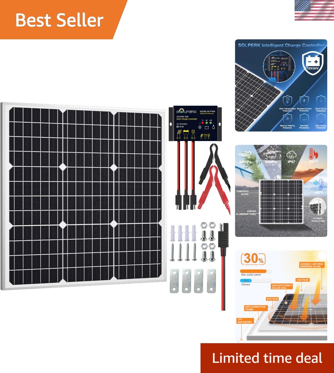 50W Waterproof Solar Panel Kit with Smart Charge Controller for Camping & RV