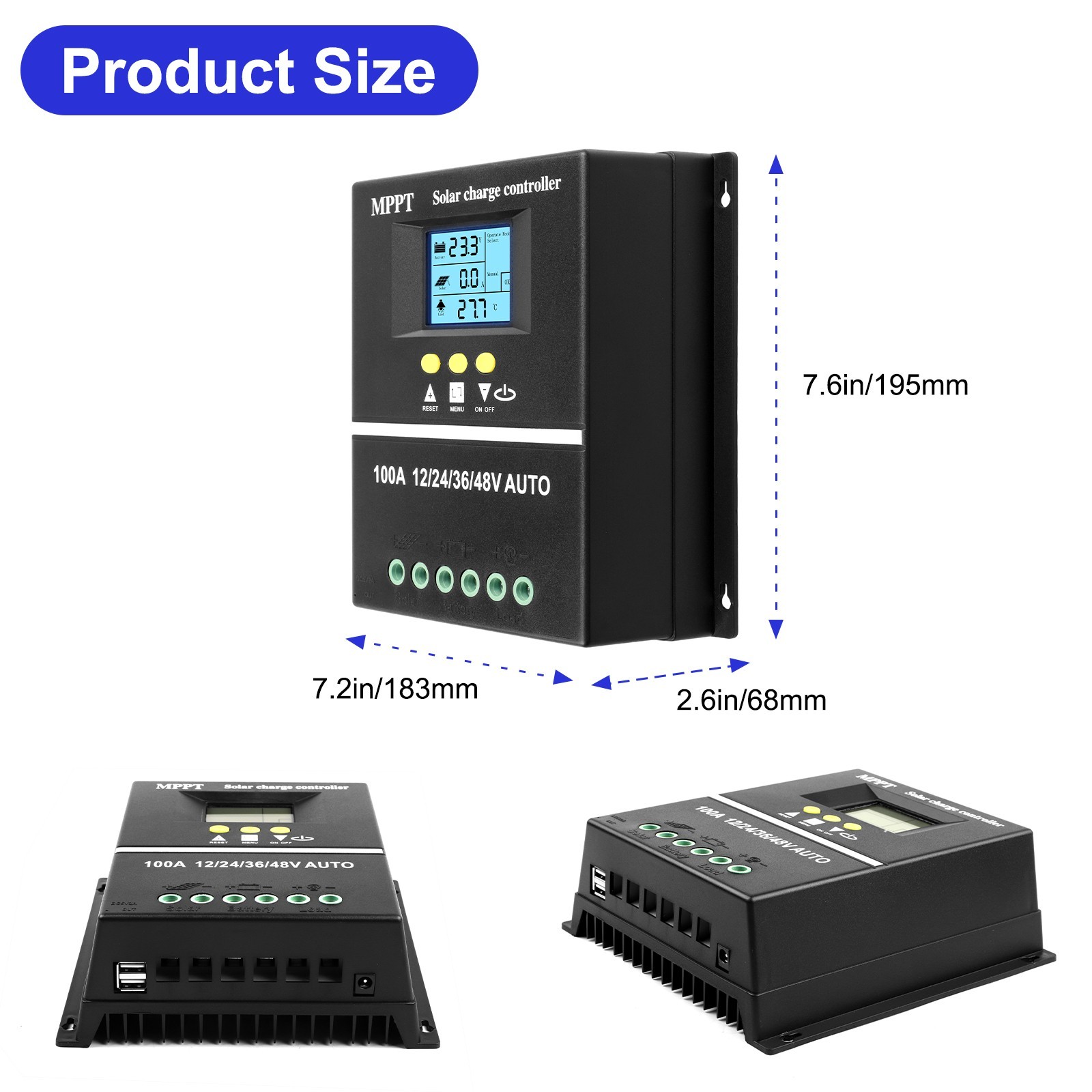 Solar Controller for 12V 24V 36V 48V Systems with LED Display and USB Charging