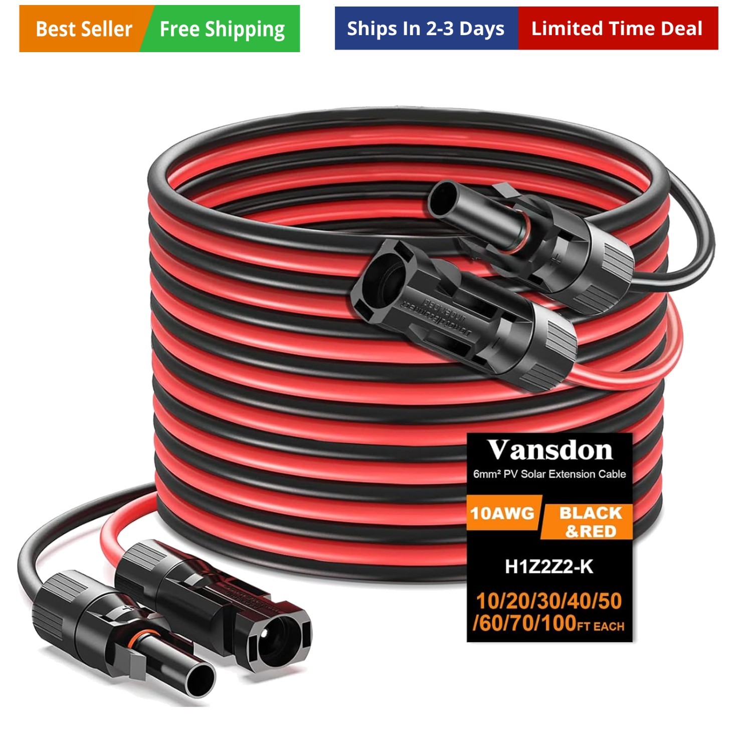 2×100 Feet Solar Panel Extension Cable, 10AWG Solar Cable with Female and Mal…