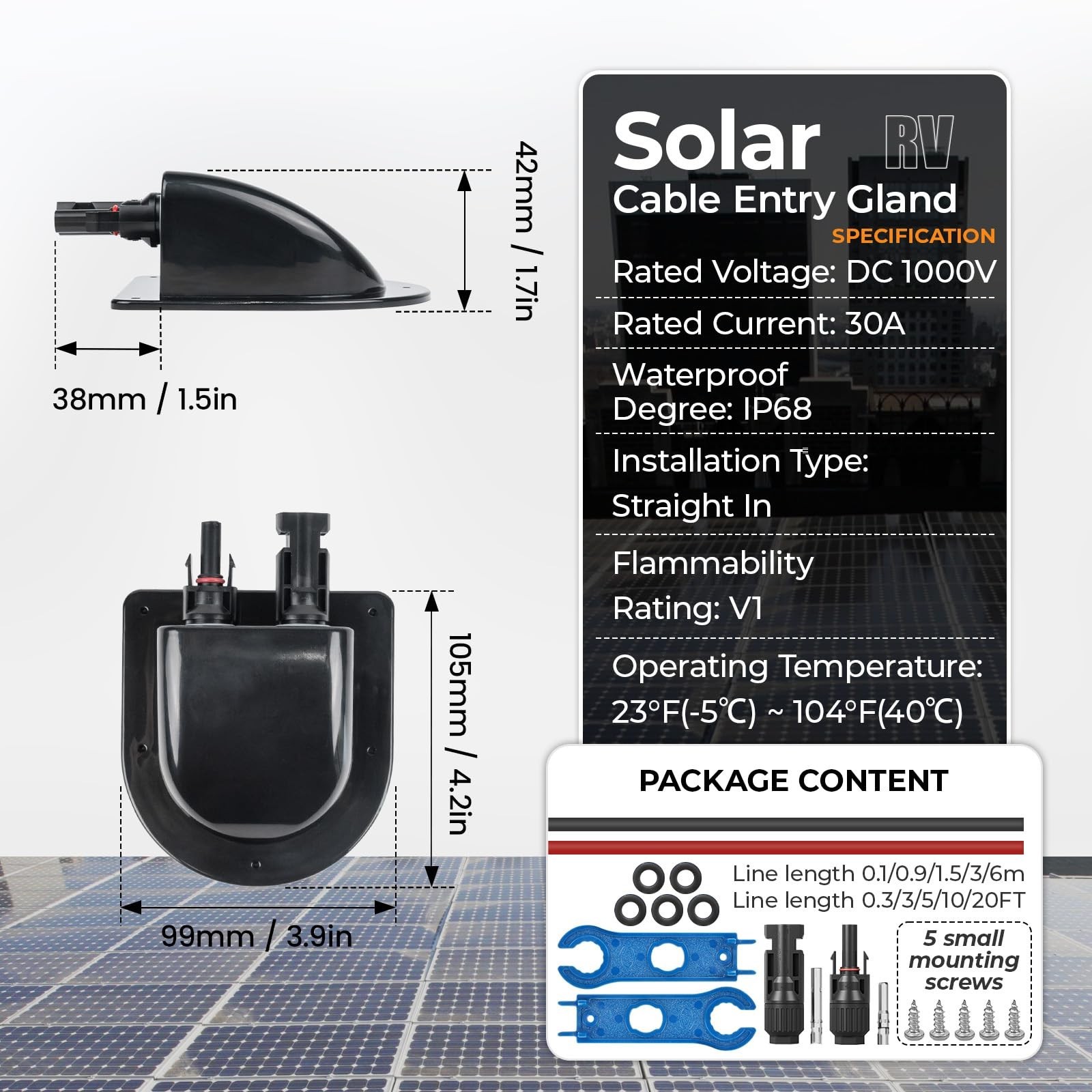 Solar Cable Entry Gland Kit, 10AWG Copper Wire & Connectors, UV Resistant, 20FT