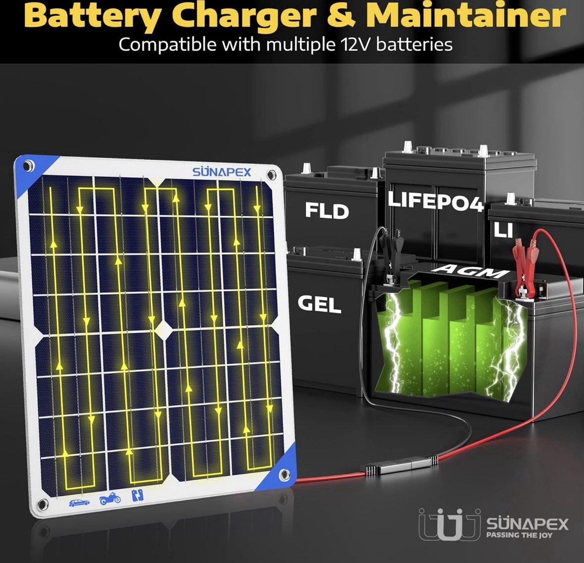 SUNAPEX 12V 20 Watt Solar Trickle Charger Maintainer – Waterproof Solar #168