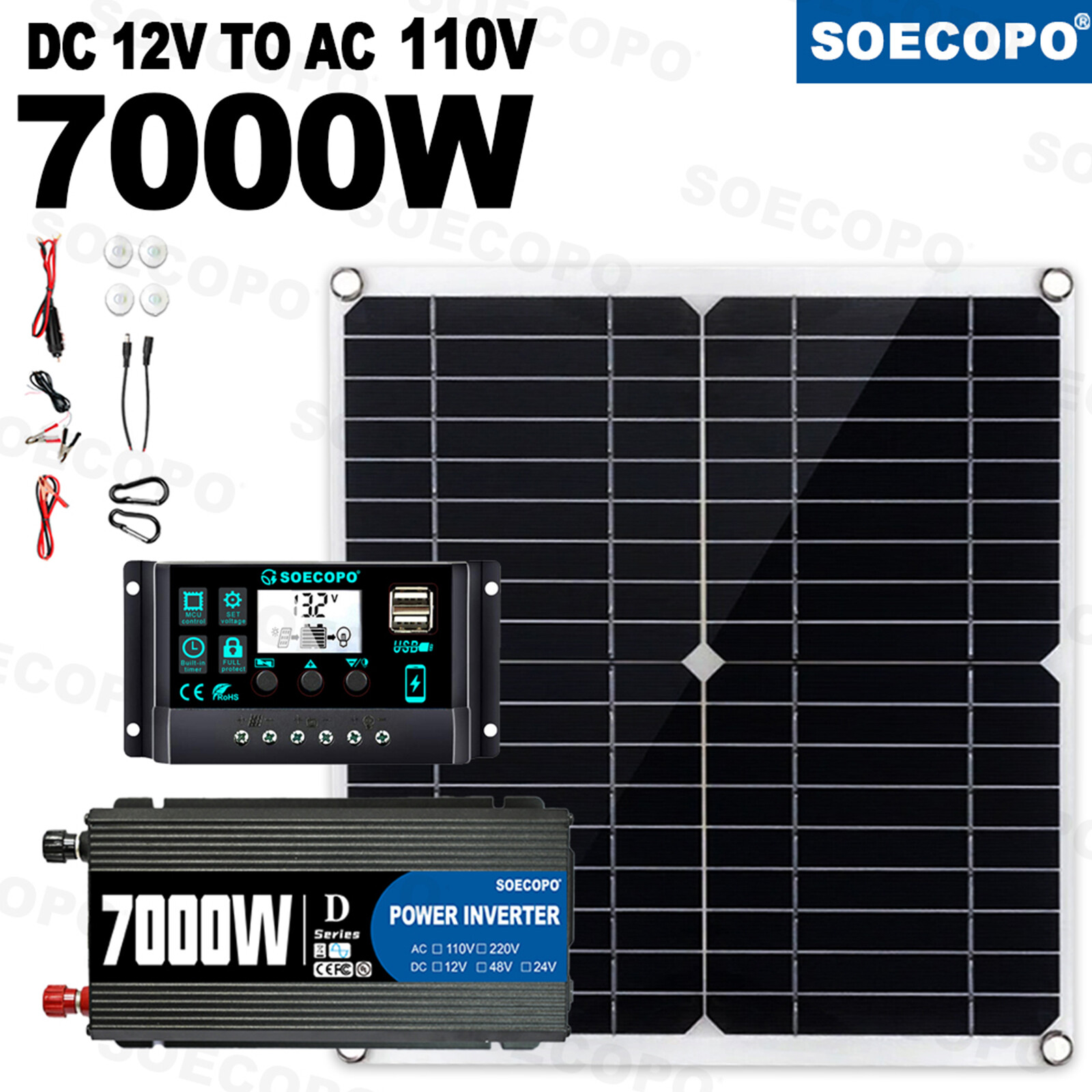 7000W Solar Kit 12V 110V Inverter Battery ChargerLighting/Camping W/300W Panels