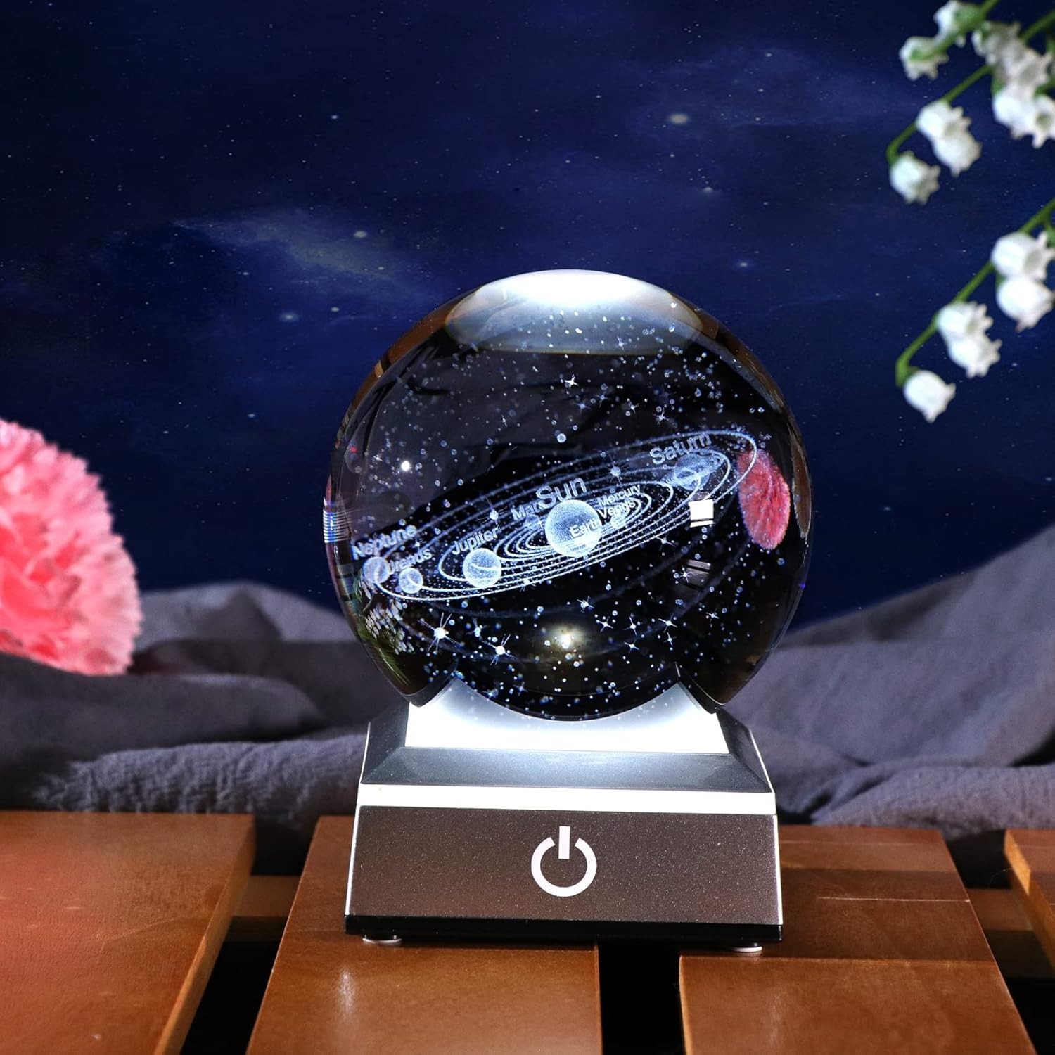Exquisite K9 Crystal Solar System Model with Colorful LED Touch Lighting