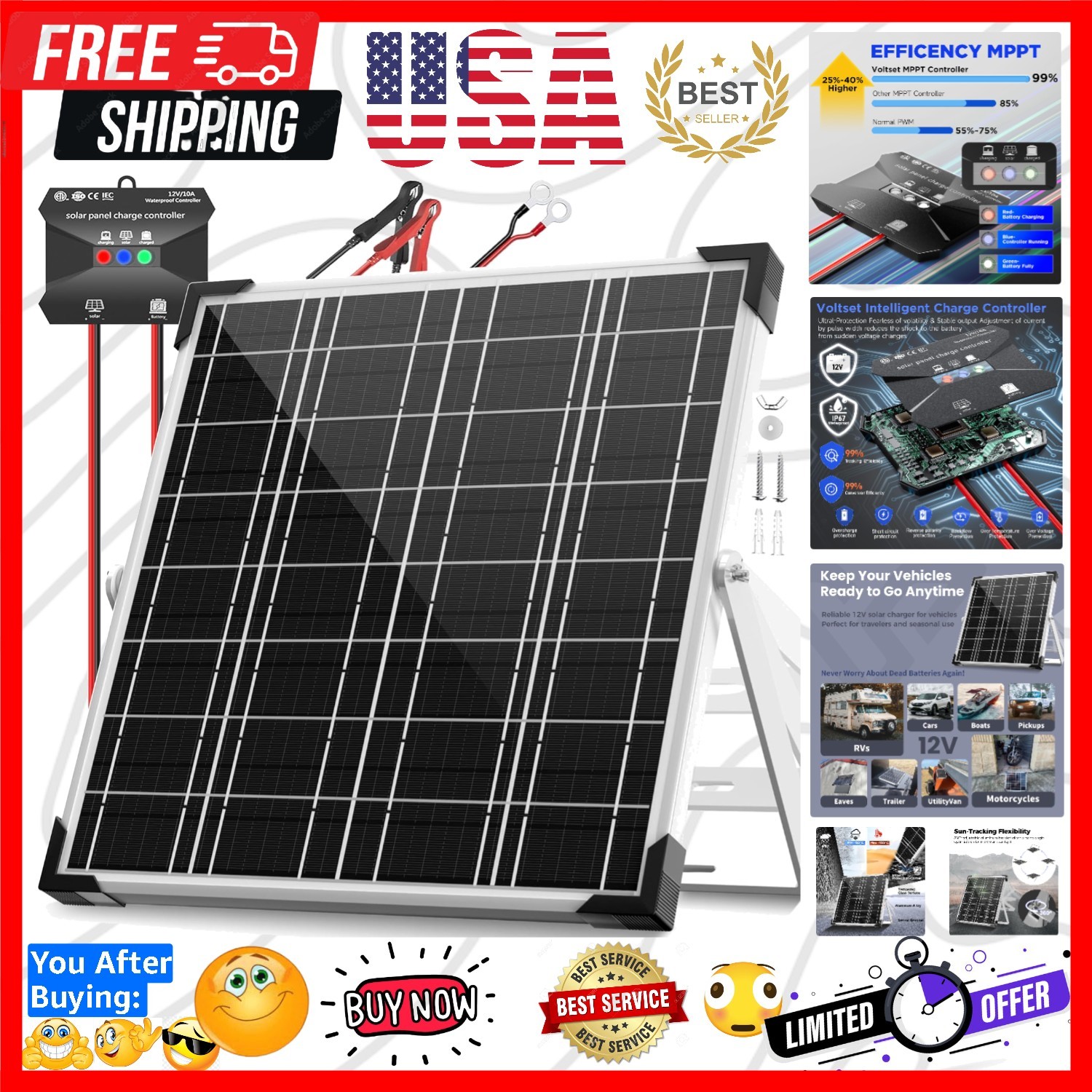 12V Solar Battery Charger – 20W Waterproof Solar Panel Kit with Smart MPPT Co…