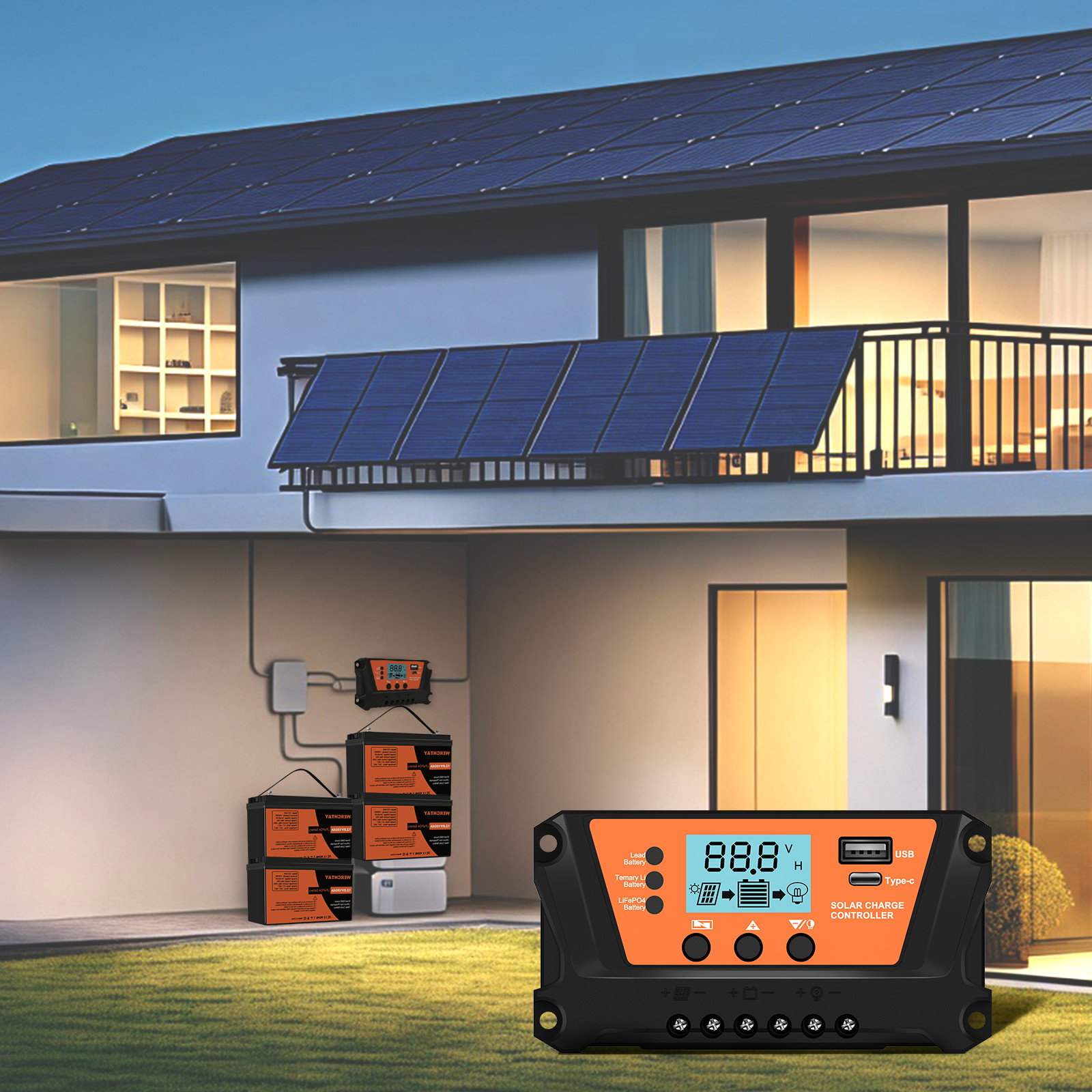 30 Solar Panel Battery Charge Controller 12V/24V USB Type-C Auto Regulator LCD