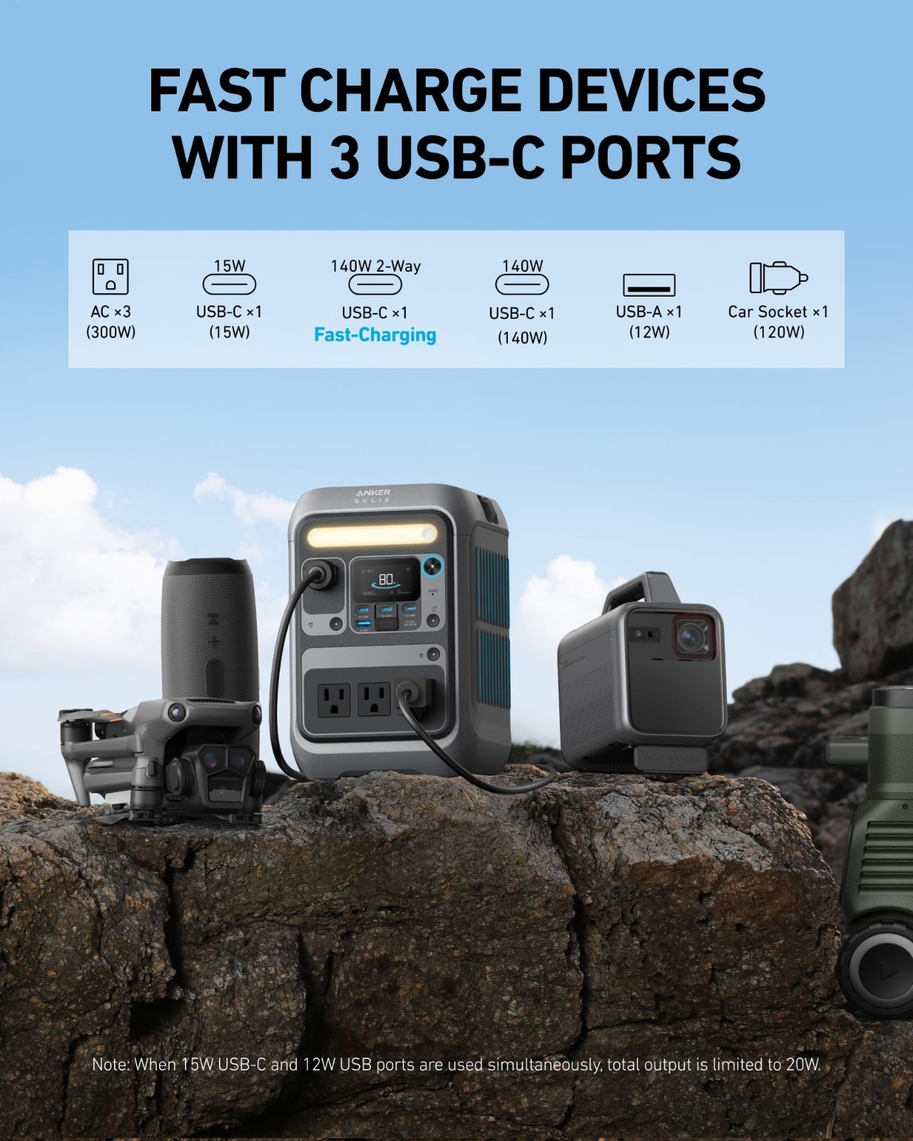 Anker SOLIX C300 288Wh Portable Power Station, 300W/600W Surge, Solar-Ready