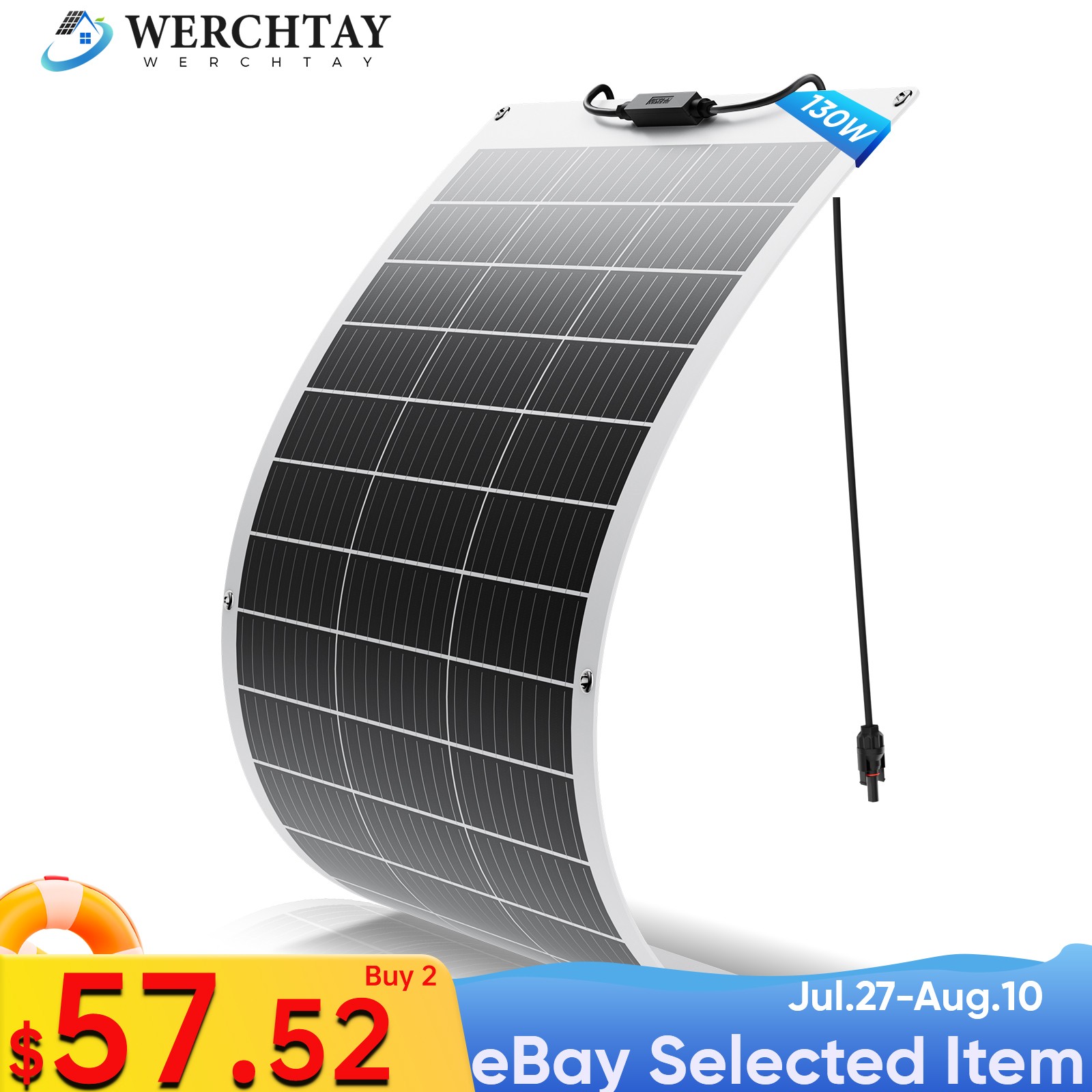 130W 12V Flexible Portable Solar Panel RV camping Rooftop Car Boat Home Camping