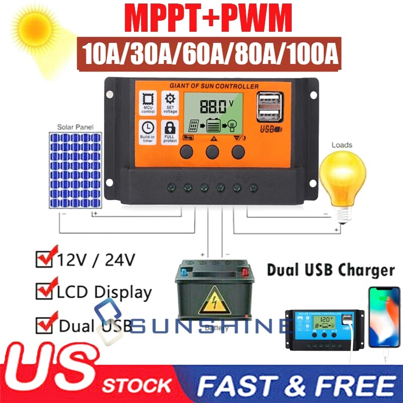 12/24V 10-100A MPPT PWM Solar Charge Controller Panel Battery Regulator Dual USB