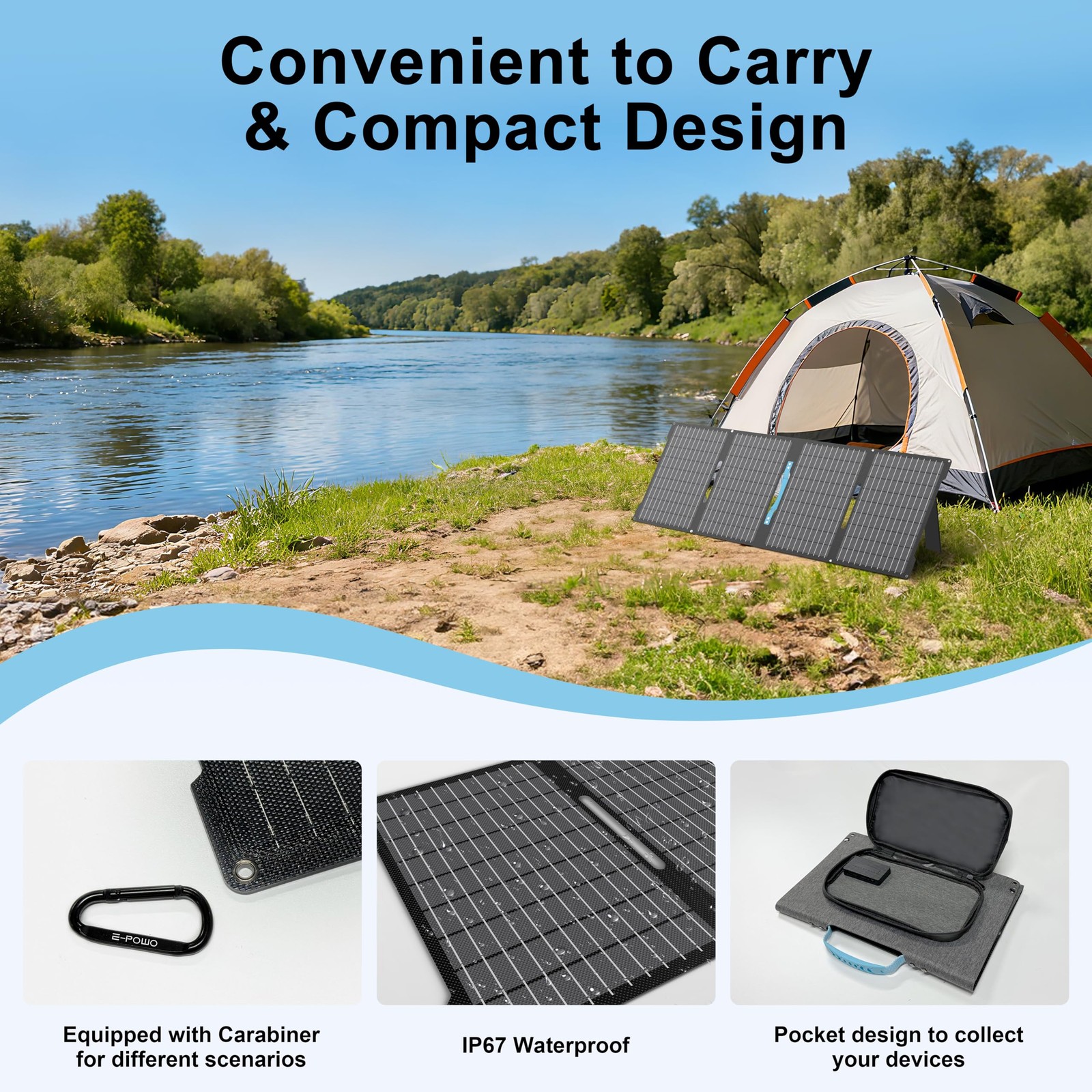 E-POWO 60W Portable Solar Panel Charger Foldable IP67 Waterproof Power Station