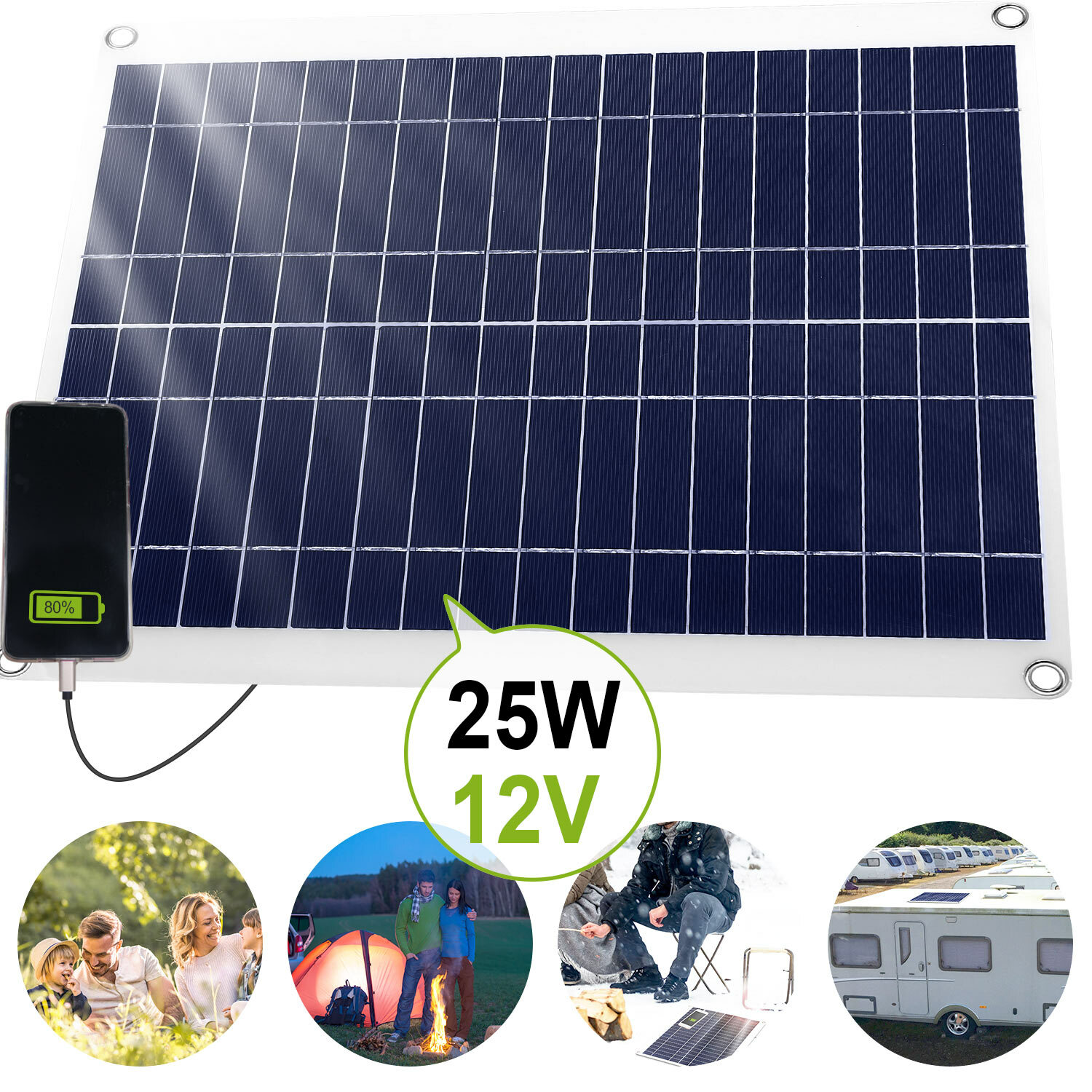 Solar Panel 12V 25W Car Battery Charger w/3.0A Dual USB Charging For RV Car Boat