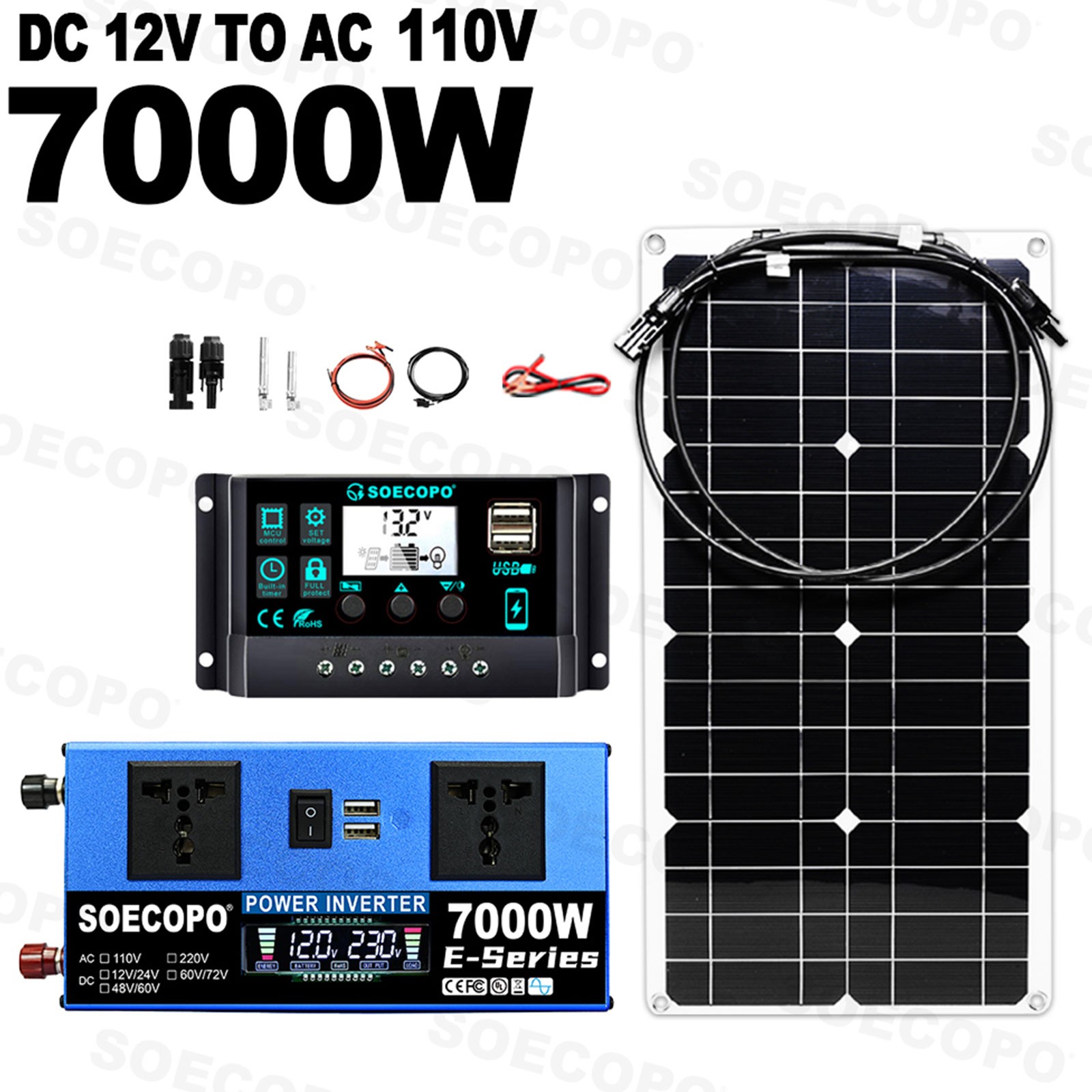 7000W Peak Solar System Kit Flexible Panel DC12V24V AC110V/220V Inverter 100A