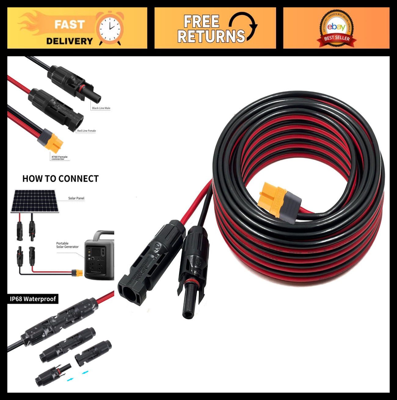 25FT Solar Charge Extension Cable, 12AWG XT60 Adapter for Solar Panels & Power S
