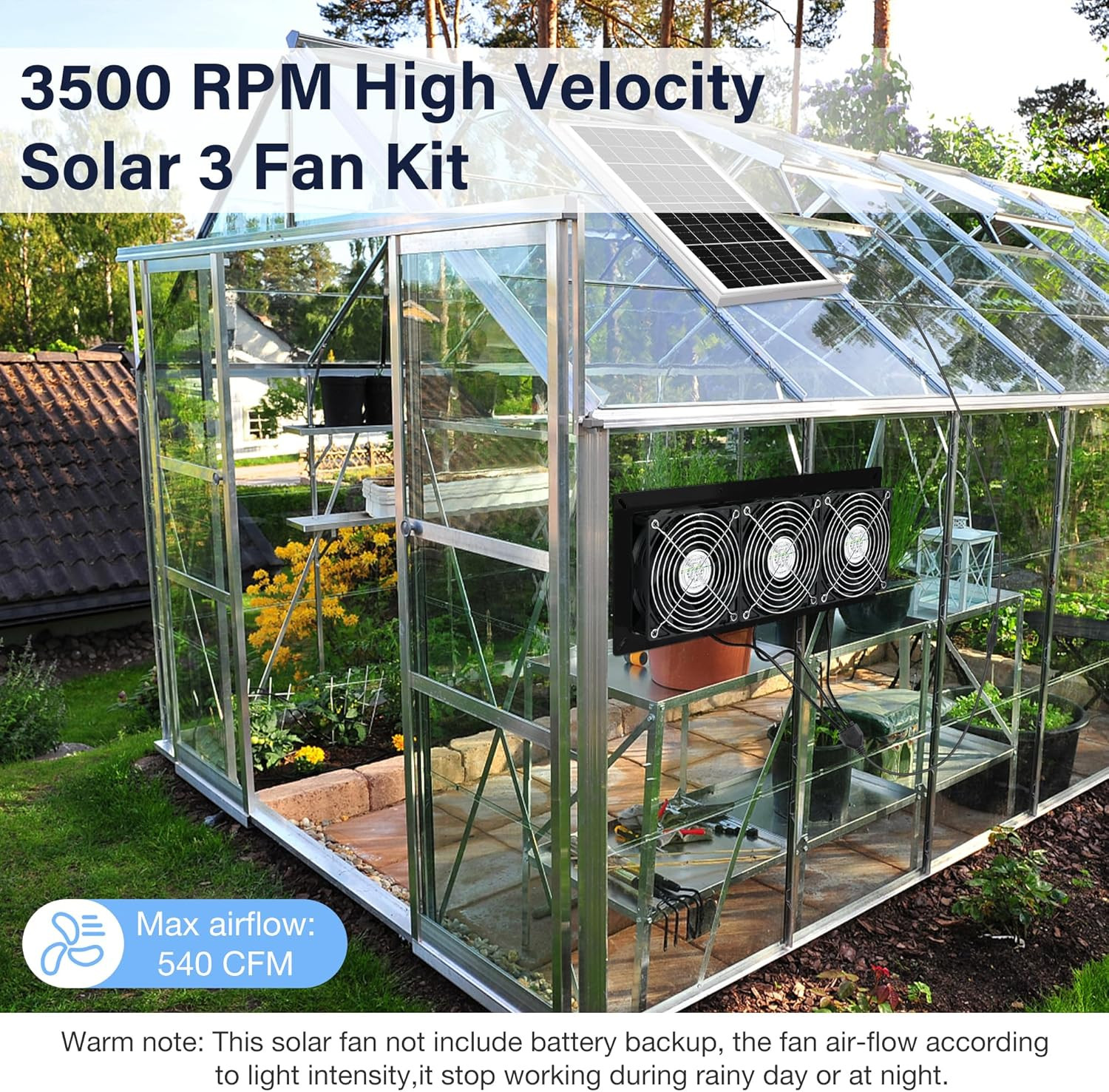 Solar Powered Exhaust Fan Kit 3 Fans Waterproof Outdoor Chicken Coop Greenhouse