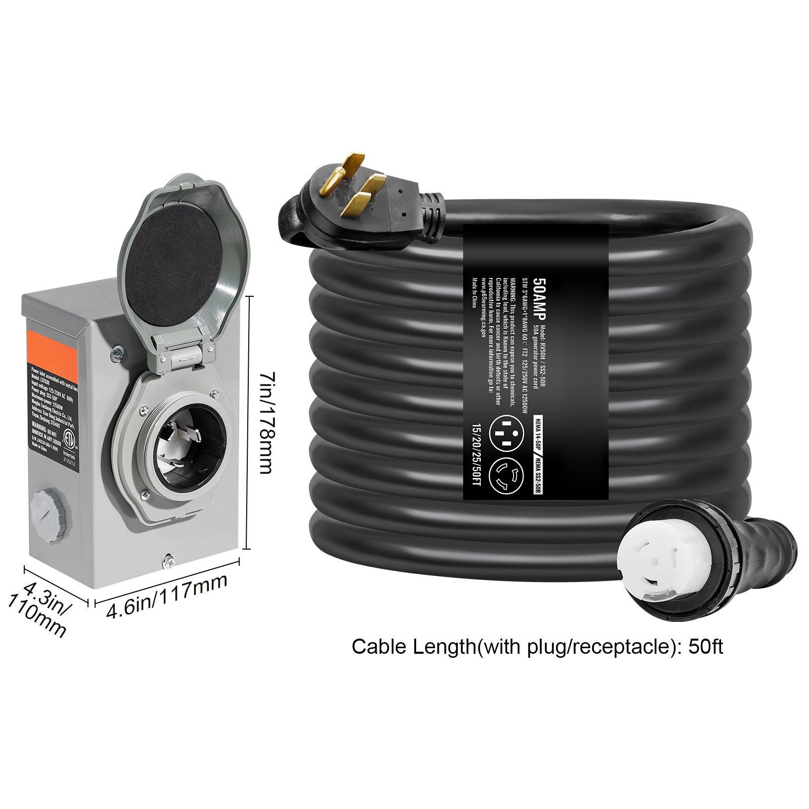 50 Amp Generator Cord and Power Inlet Box Kit, 50FT, NEMA 14 – 50P/ SS2 – 50R