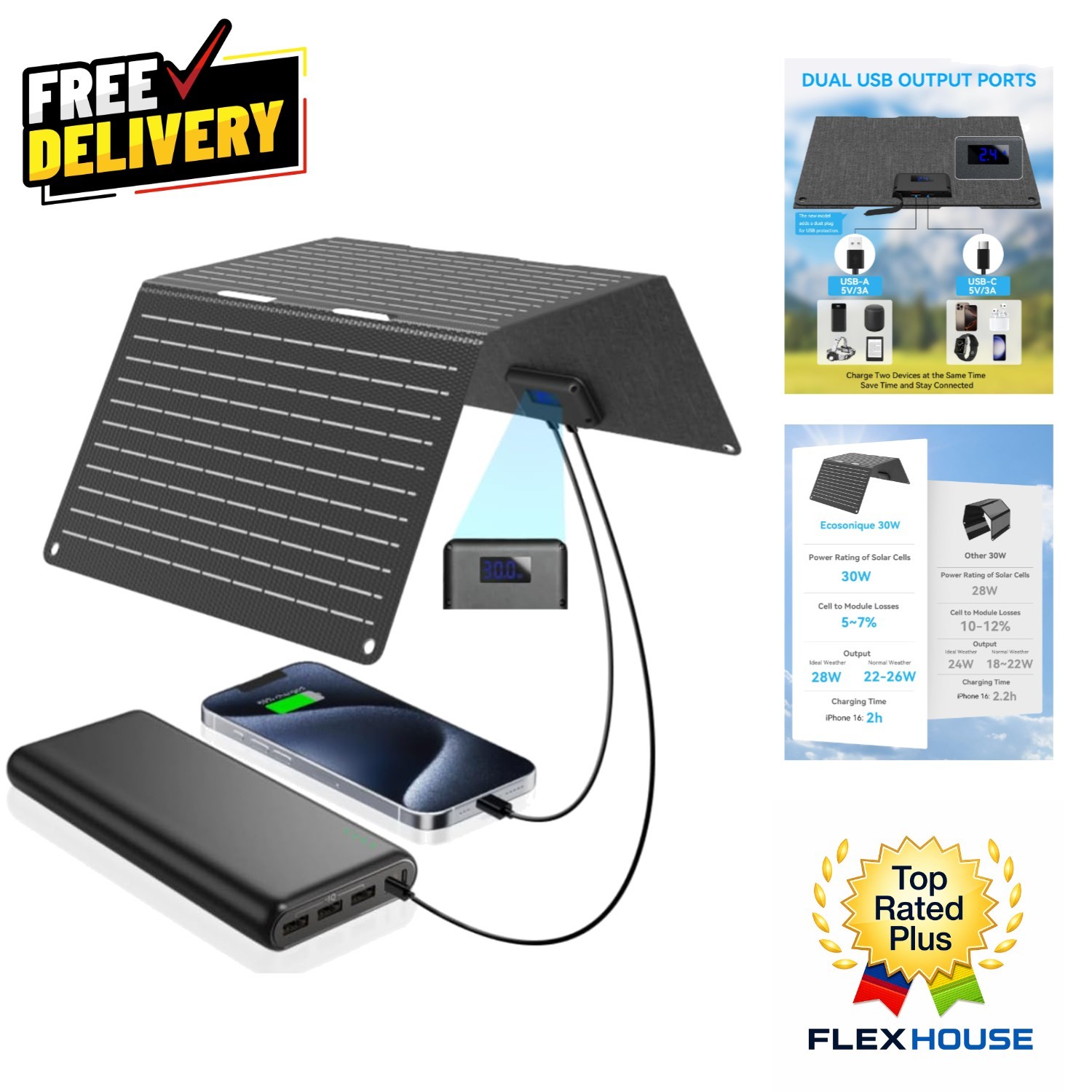 Ecosonique 30W Portable Solar Charger | Lightweight, Waterproof & Fast Charging