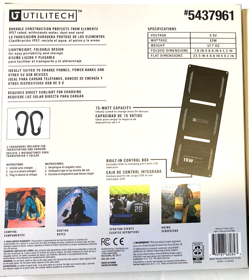 LOT OF 2 UTILITECH 15W folding portable solar chargers 5.5V #5437961