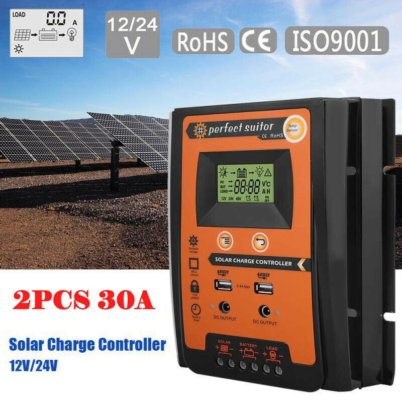 2PCS 30A 12/24V Solar Charger Controller Panel Battery Regulator#
