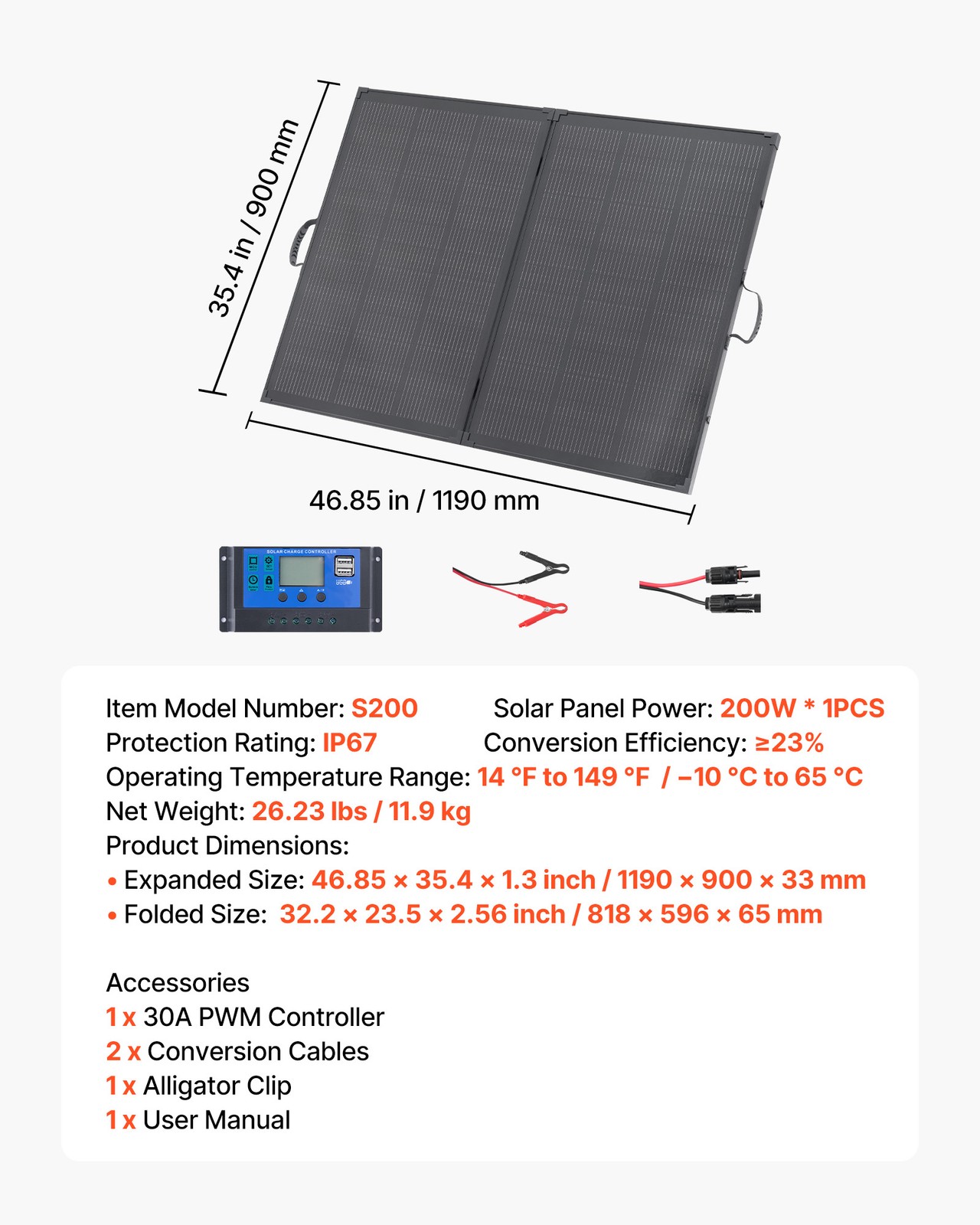 VEVOR 200W Foldable Solar Panel with 30A Controller Portable Mono Solar Panel