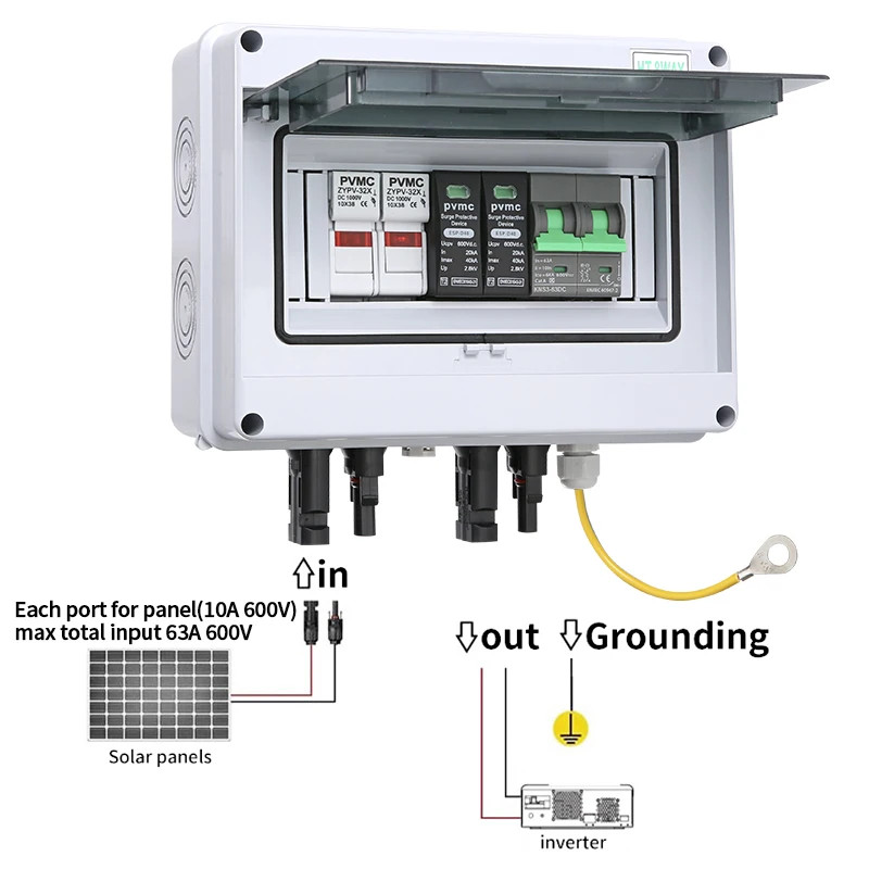Solar photovoltaic PV Combiner Box With Lightning Protection 1 in 1 out DC 600V