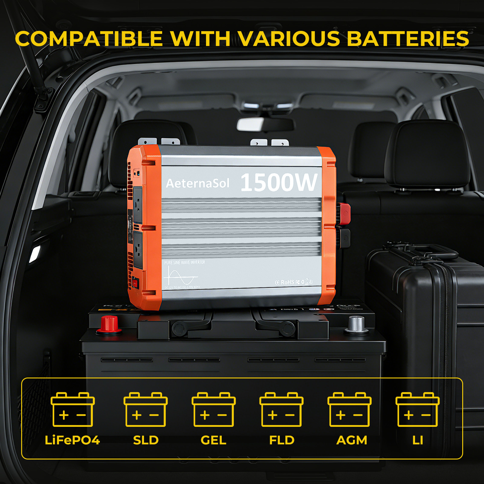 1500W Power Inverter Pure Sine Wave Inverter 12V 110V 120V Car Truck Boat Solar