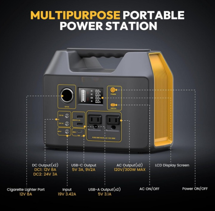 Estación de Energía Portátil 300W 296Wh con 2 AC Onda Pura para Emergencias