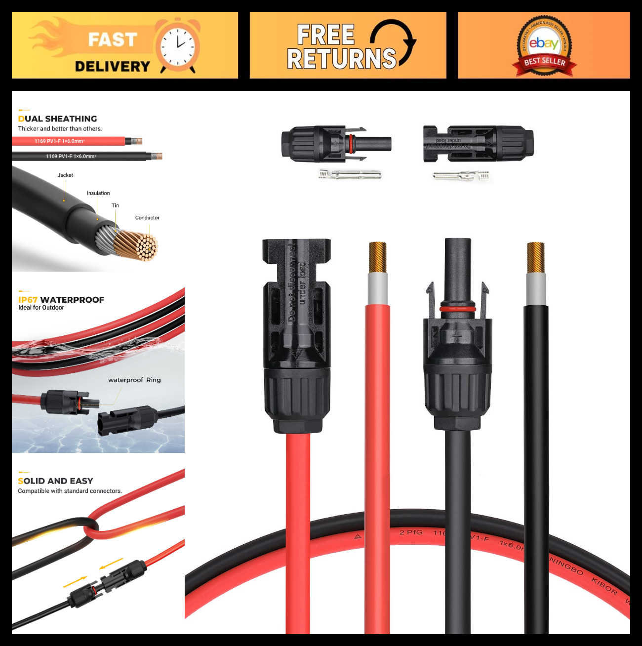20FT 10AWG Solar Extension Cable Kit – Male & Female Connectors, Adaptor Tool