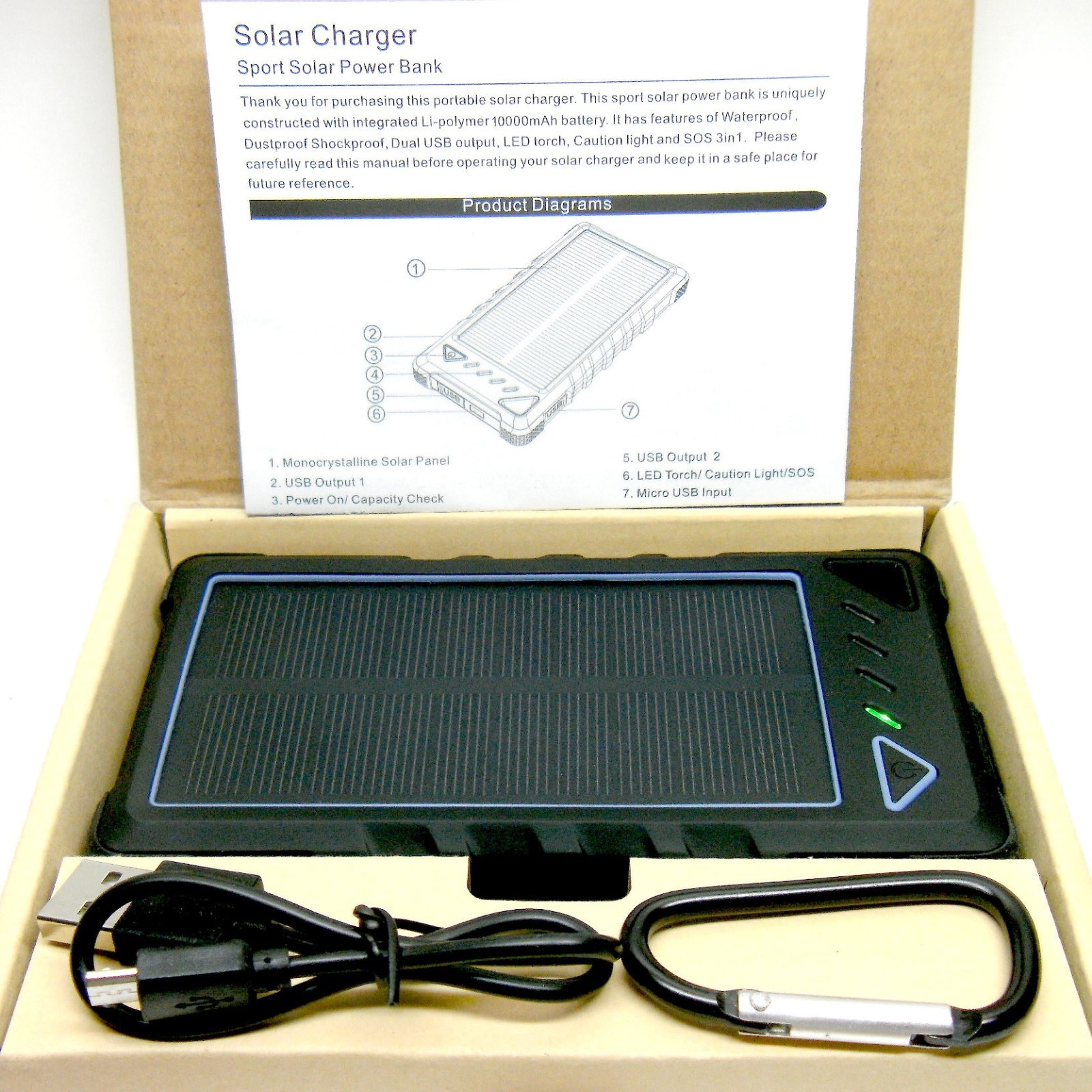 NEW RoHS PORTABLE SPORT OUTDOORS SUN SOLAR POWERED POWER BANK 10000mAh CHARGER