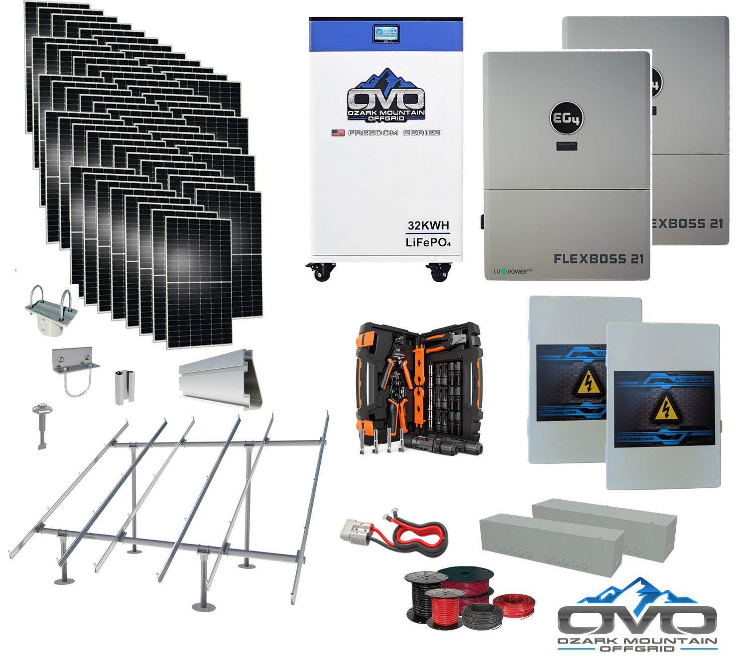30KW Complete Offgrid Solar Kit + EG4 FlexBOSS21 + 32KW OMO 48V Freedom Series L