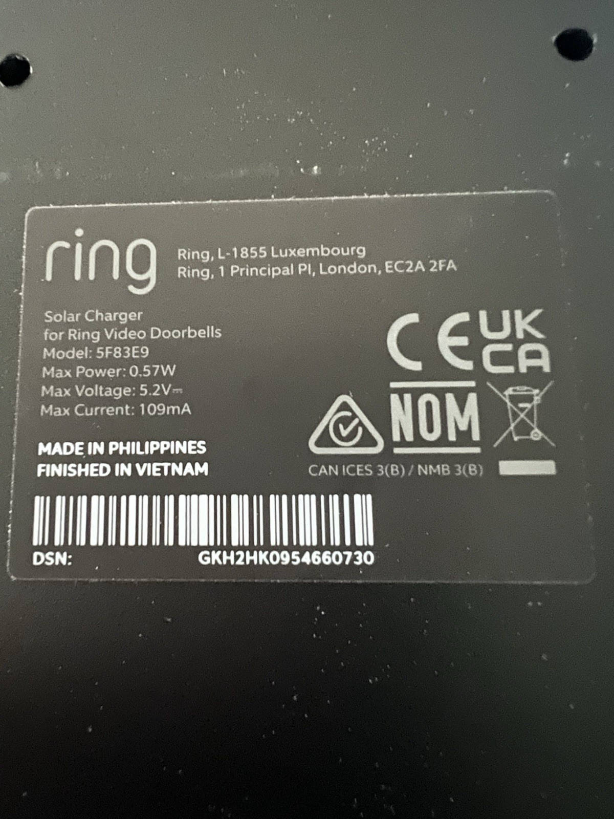 OEM Ring Solar Charger 5F83E9 for Battery Doorbells Compatible w/ Video Doorbell