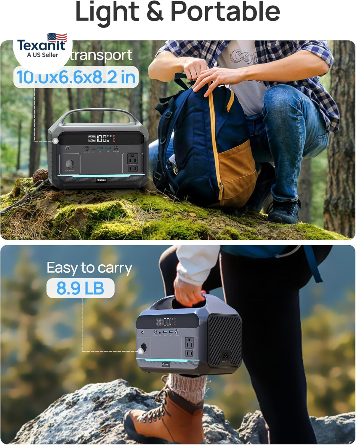 Portable Power Station 600W, 288Wh Lifepo4 Battery Backup Power W/2×600W AC Outl