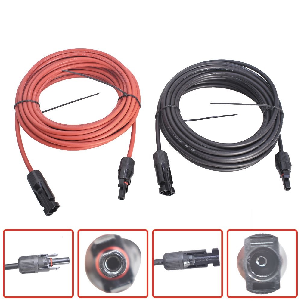 30 Feet 1 Pair 10AWG Solar Panel Extension Cable Wire Connector Black + Red