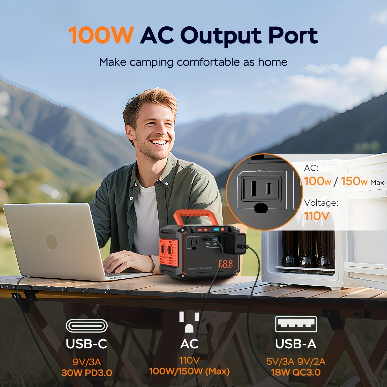 88.8Wh Portable Power Station 24000mAh Solar Generator AC USB Camping Backup