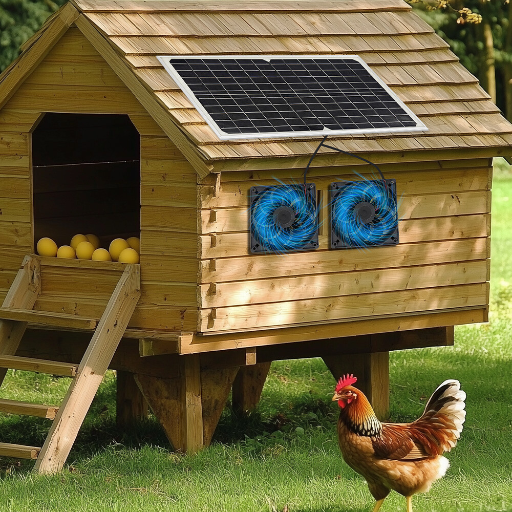 Kit de ventilador doble con energía solar de 30W para gallinero mascotas perro