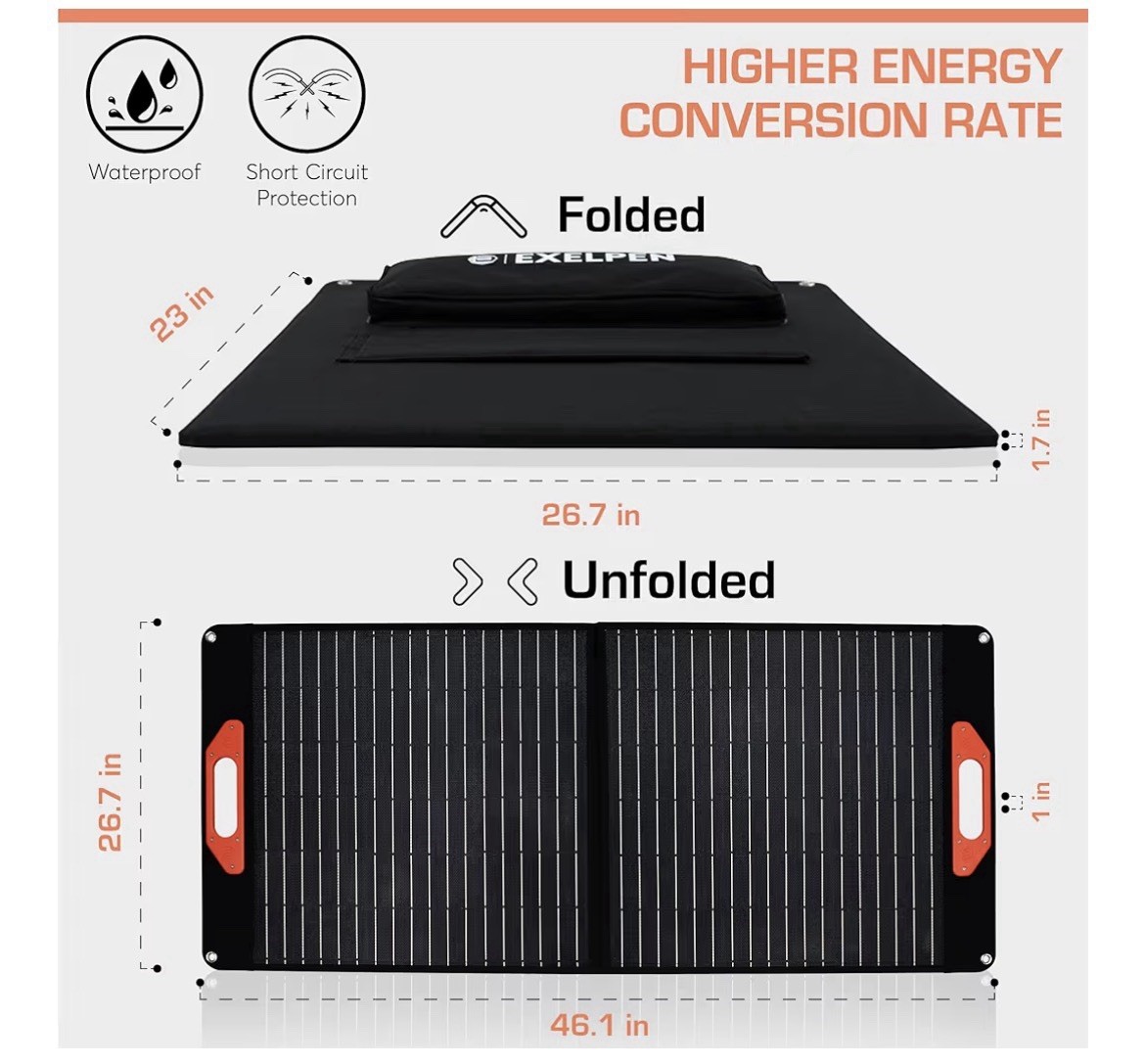 EXELPEN Portable Solar Panel Kit – 60W Foldable Camping, Outdoor IP54 Waterproof