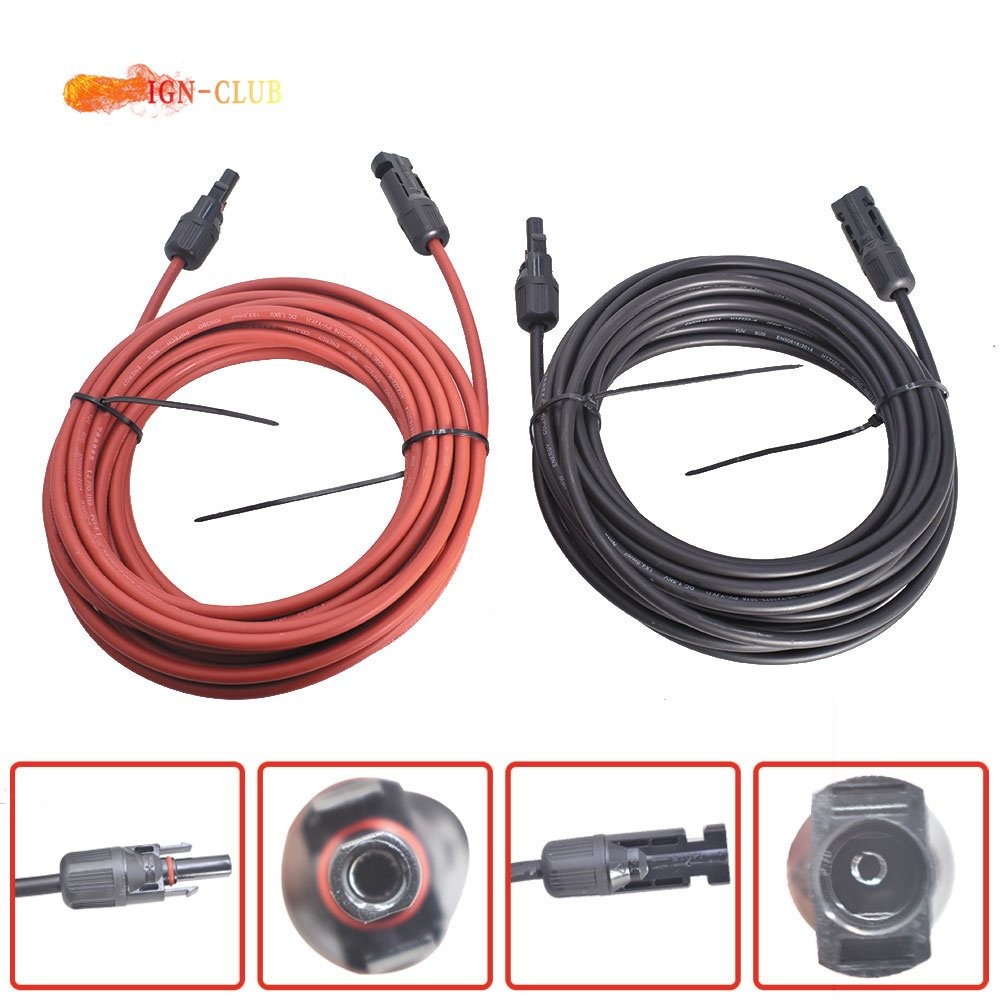 4mm²/12AWG 1 Pair Solar Panel Extension Cable Wire Connector 20ft Black+Red