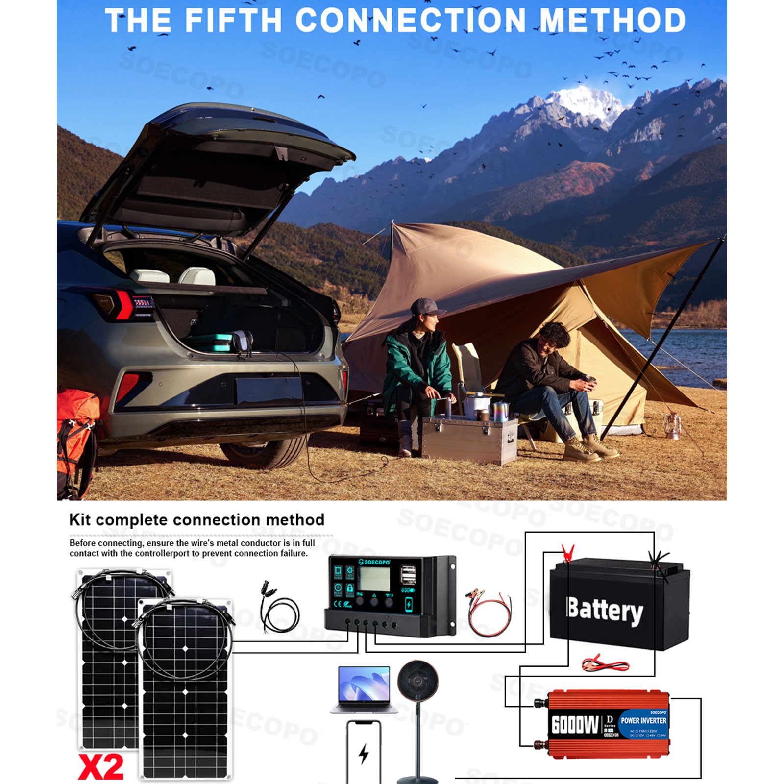 6000W Peak Solar System Kit 2pcs Panel 110V/220V Inverter For Camp Home charger