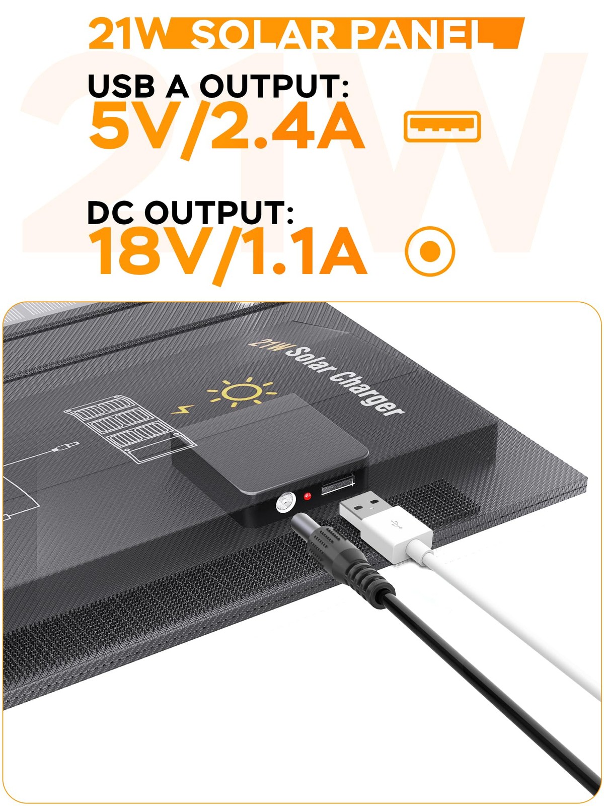 Portable Solar Panel Charger 21W 23% High Efficiency IP65 Waterproof – Camping