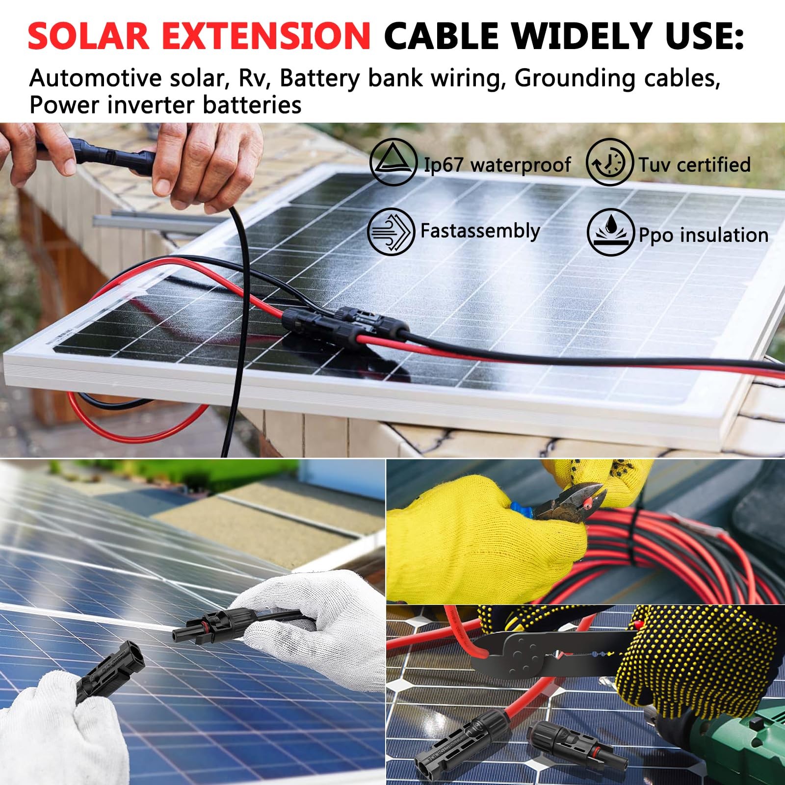 2×30 Feet Solar Panel Extension Cable- 10AWG Solar Cable Solar Panel Cable wi…