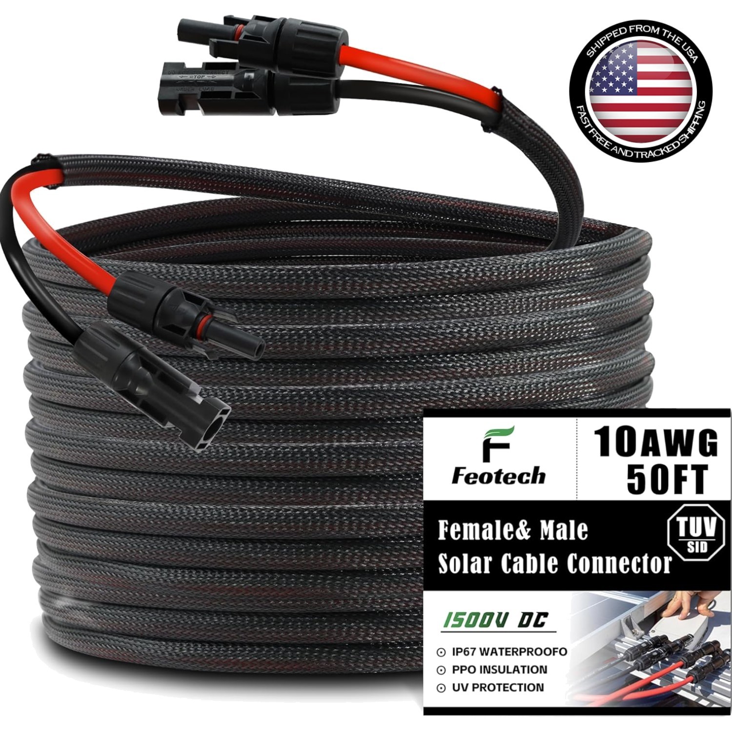 Durable 50FT Solar Extension Cable with Versatile Connectors – 10AWG Design