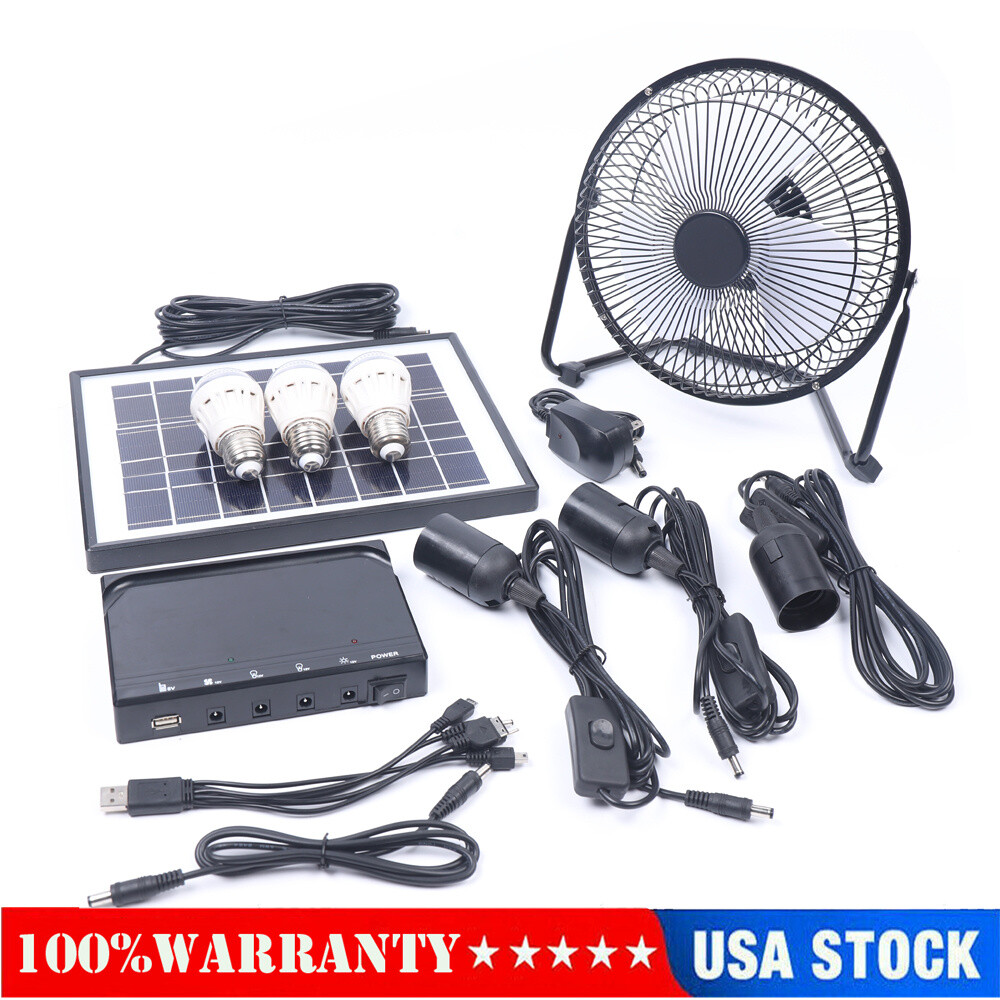 Solar Power Panel Kit Outdoor Camping USB Charging System W/ LED Light & 8″ Fan