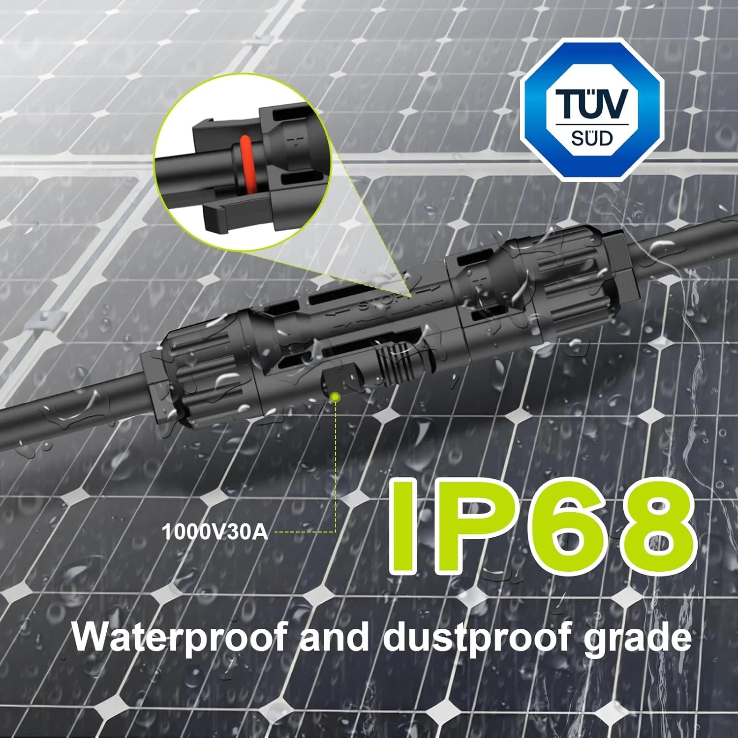 MC4 Y-Branch Solar Connectors 4-2 Parallel Adapter 10AWG IP68 Tool-Free 1.65FT