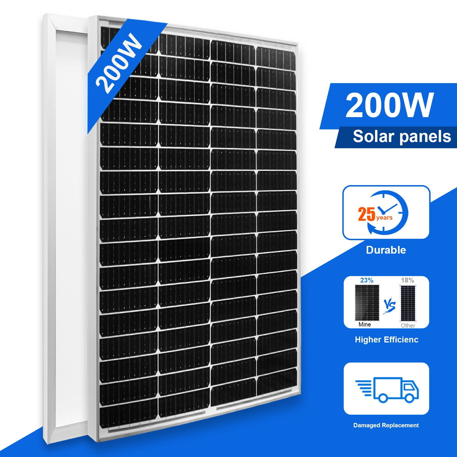 200W High Efficiency PV Module Mono Solar Panel 12V Off Grid Power Home RV Boat