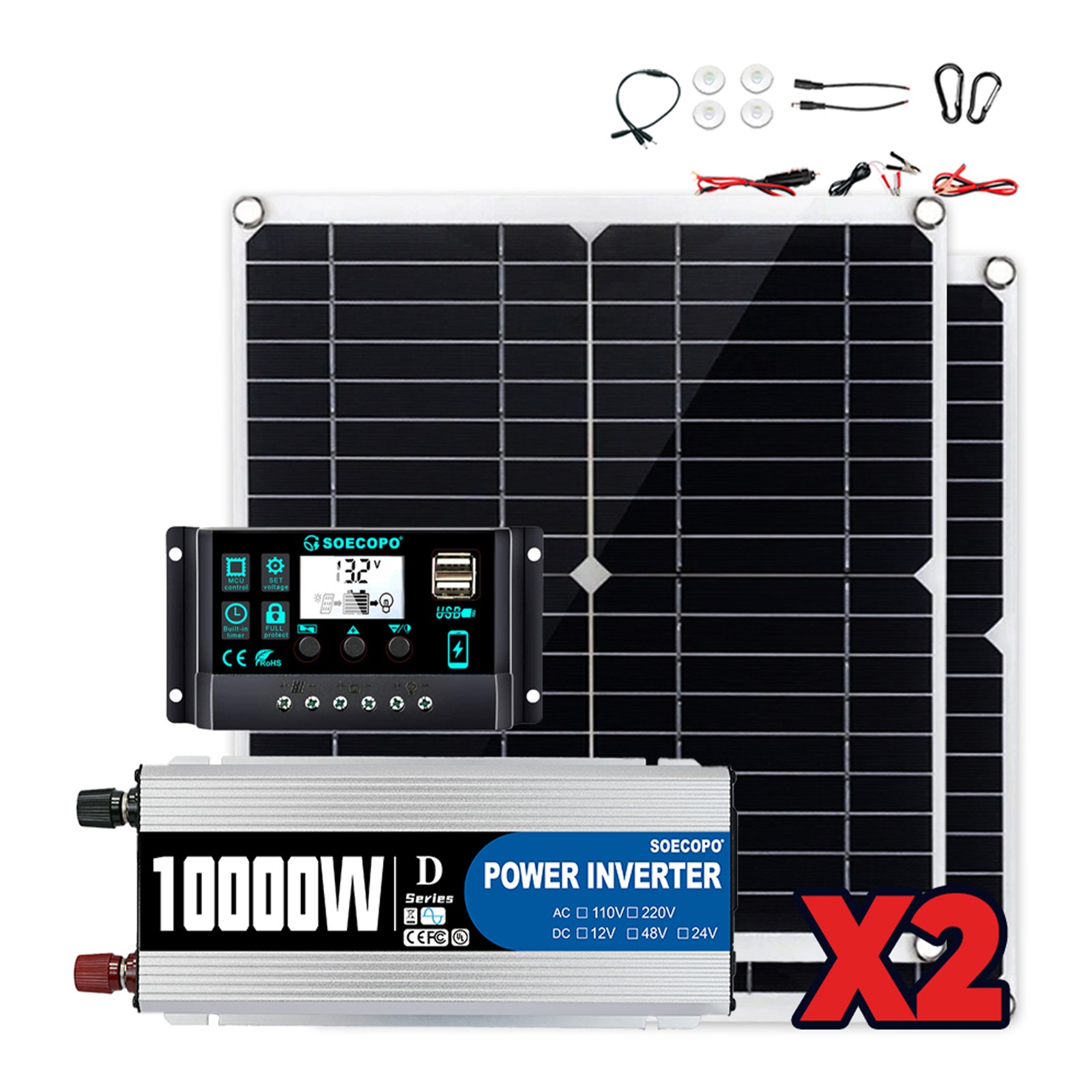 10000W High-Power Solar System Kit | 12V Input to 110V/220V Output | 2pcs Solar
