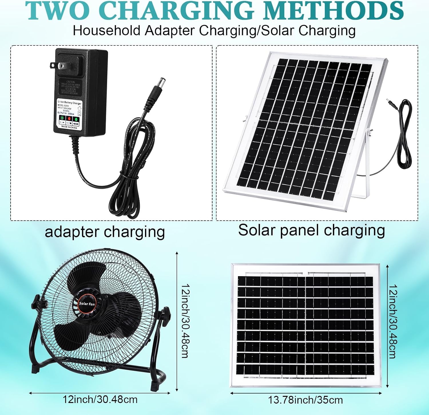 15000Mah 12 Inch Solar Panel Fan, 2 in 1 Solar Panel or AC Charger Fan 12W 9V